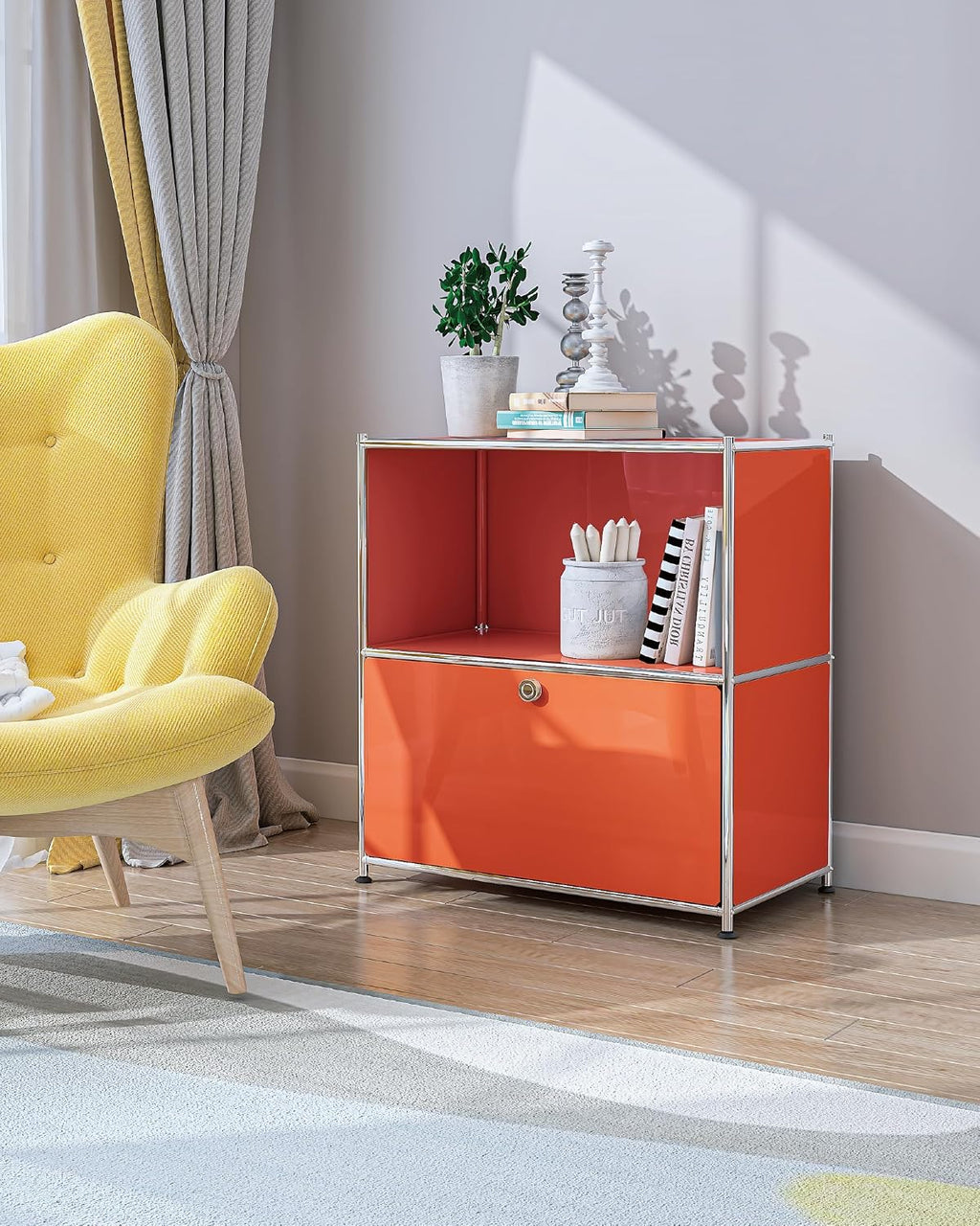 32.5-Inch Flip-Top Storage Cabinet with Detachable Wheels, Metal Side Table and Small Sideboard Cabinet for Living Room, Bedroom, Office, Orange