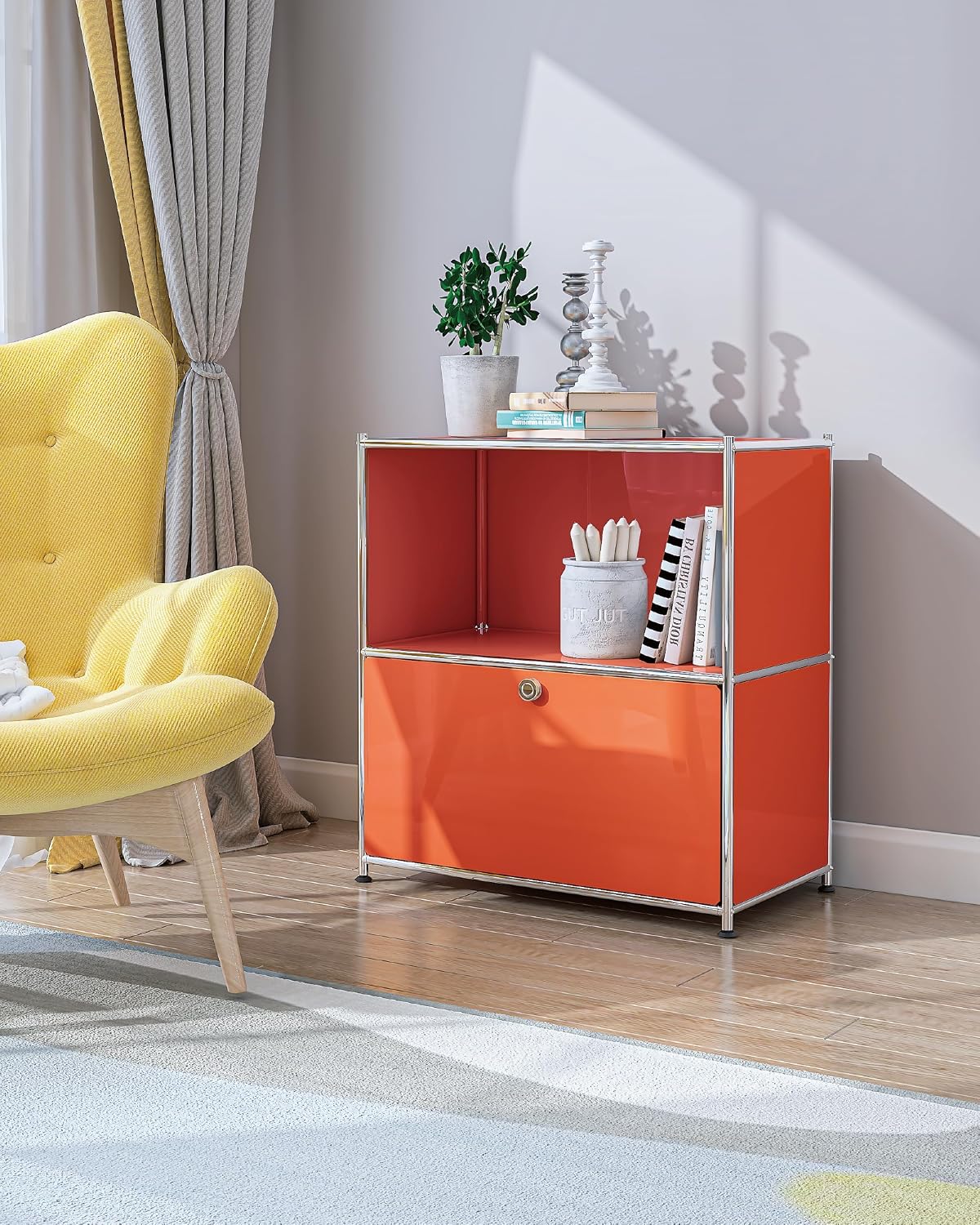 32.5-Inch Flip-Top Storage Cabinet with Detachable Wheels, Metal Side Table and Small Sideboard Cabinet for Living Room, Bedroom, Office, Orange