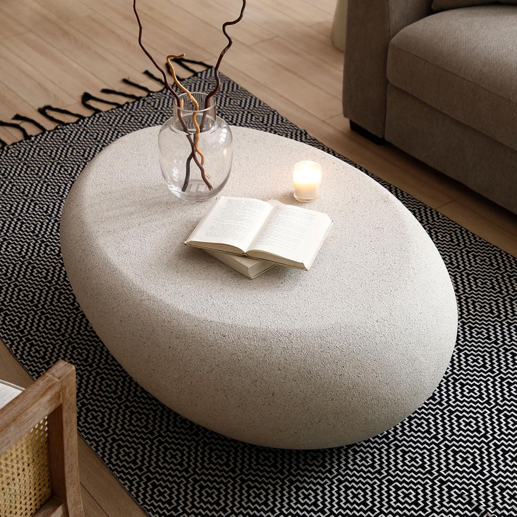 43.3' Fiberglass Elliptical Oval Vintage Coffee Table for Living Room,Irregular Center Matte Rocks Table Front of The Sofa,No Need Assembly,Cream White