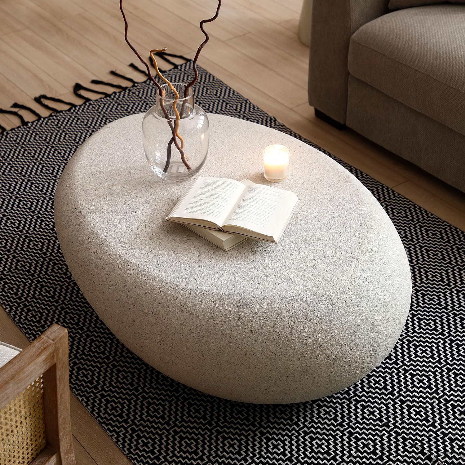 WILLIAMSPACE 43.3' Oval Coffee Table with Grainy Matte Rocks Pattern, Modern Irregular Center Table, Drum Fiberglass Coffee Table Accent Side Table End Table for Living Room (Cream White)