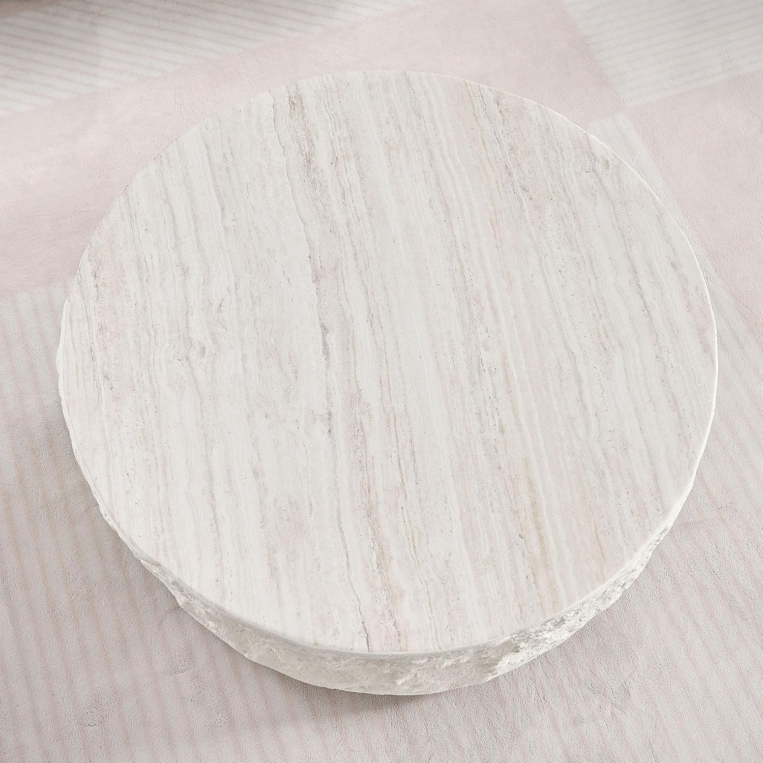 Round Coffee Table, 35.43' Fiberglass Imitation Stone Accent Table for Living Room, Bedroom, Apartment & Office, Beige, No Need Assembly