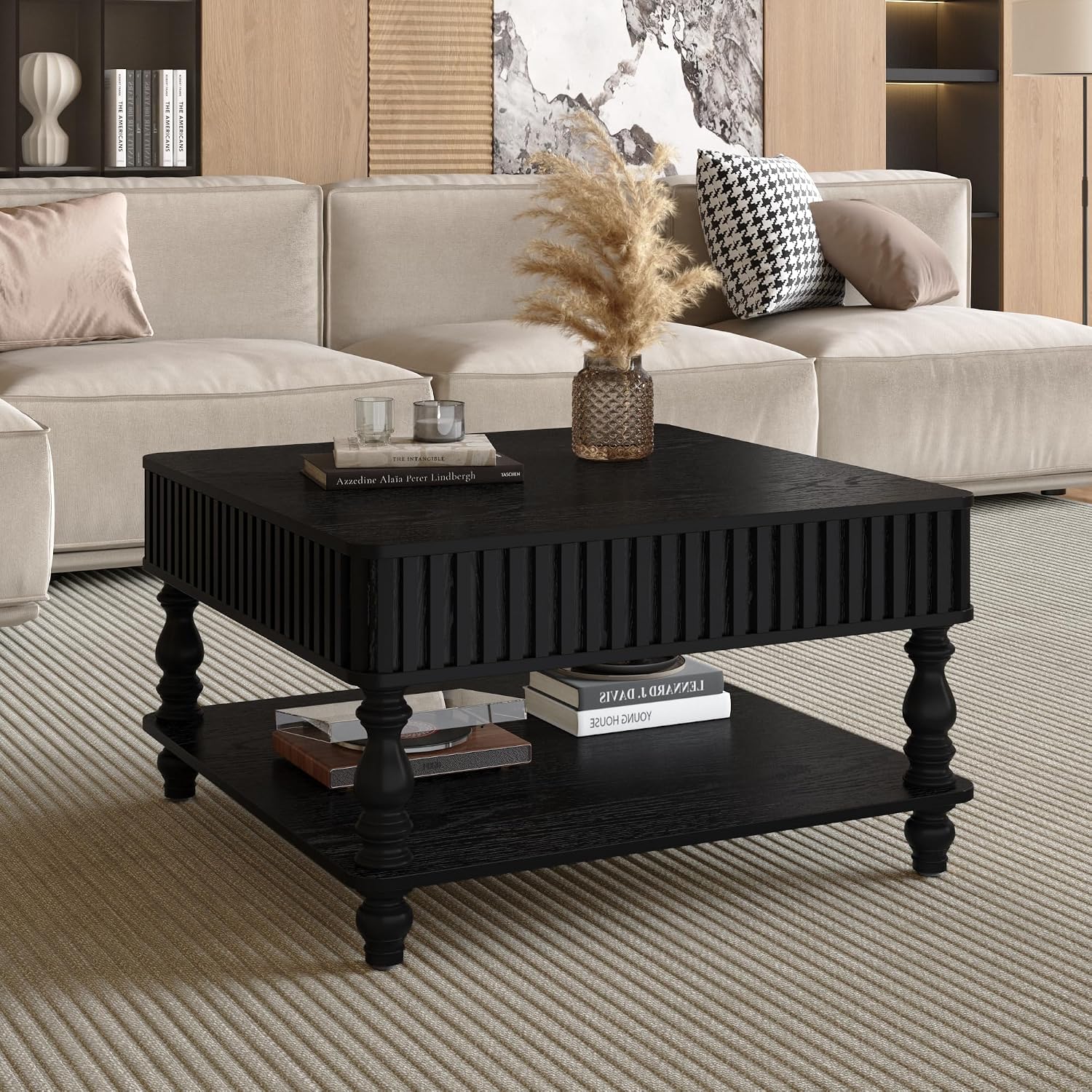HARR Lift Top Square Coffee Table with Storage, 31.5'' Sofa Side End Table, Fluted Design Hydraulic Raising Mechanism, Hidden Compartment & Open Shelf, Retro Solid Wood Legs for Living Room, Black