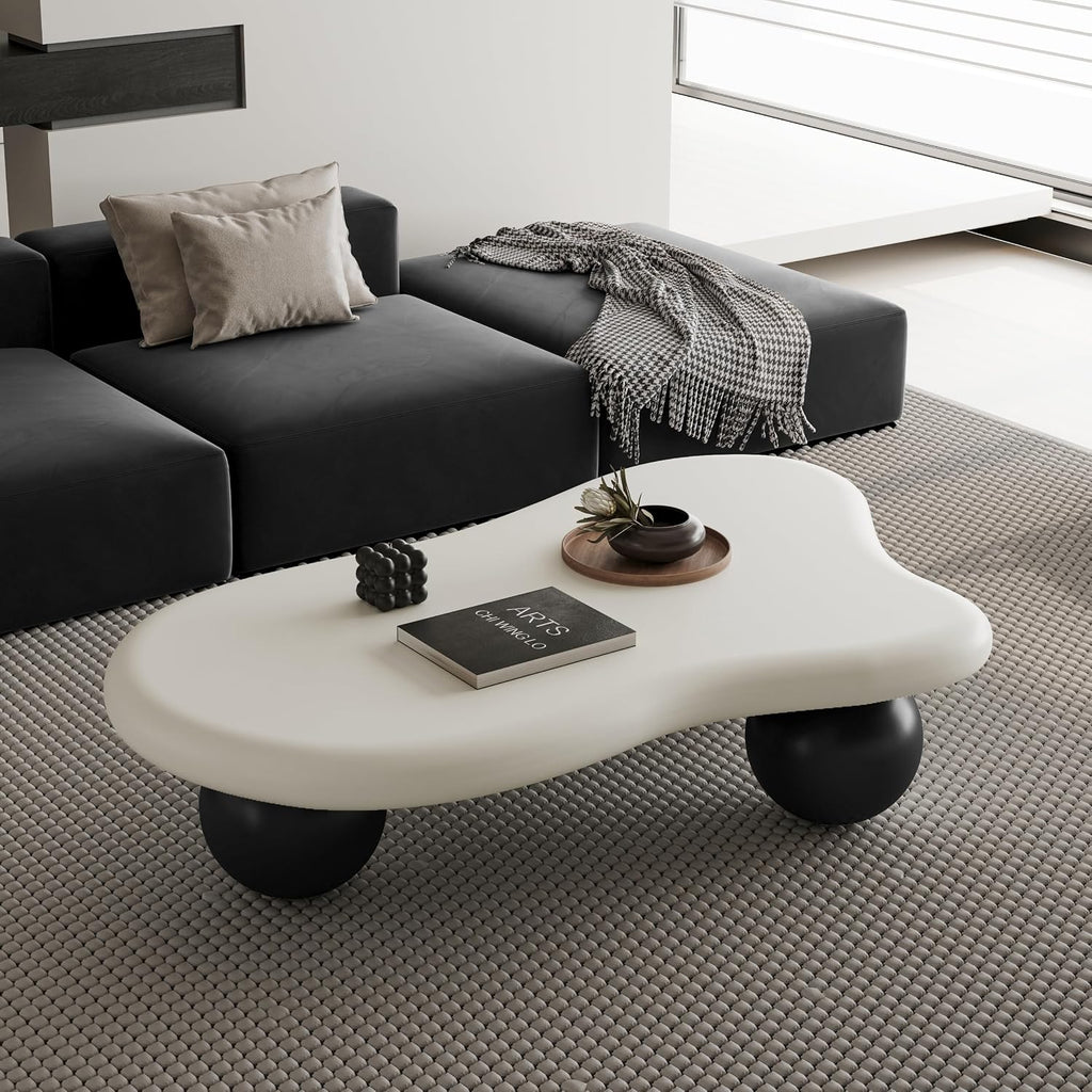 47' Cloud Coffee Table for Living Room Irregular Coffee Table Modern Low Coffee Tables Cute Small Center Table with 3 Ball Legs for Small Space Apartment White & Black