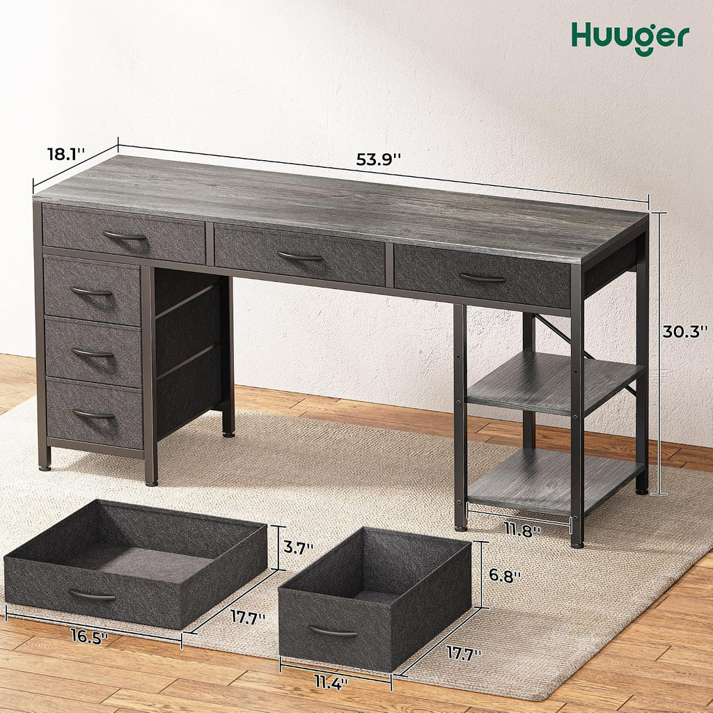 Huuger Computer Desk with 6 Drawers, Office Desk with Shelves, Reversible Gaming Desk, Corner Desk with Storage, Work for Home Office, Study, Living Room, 54inch, Grey