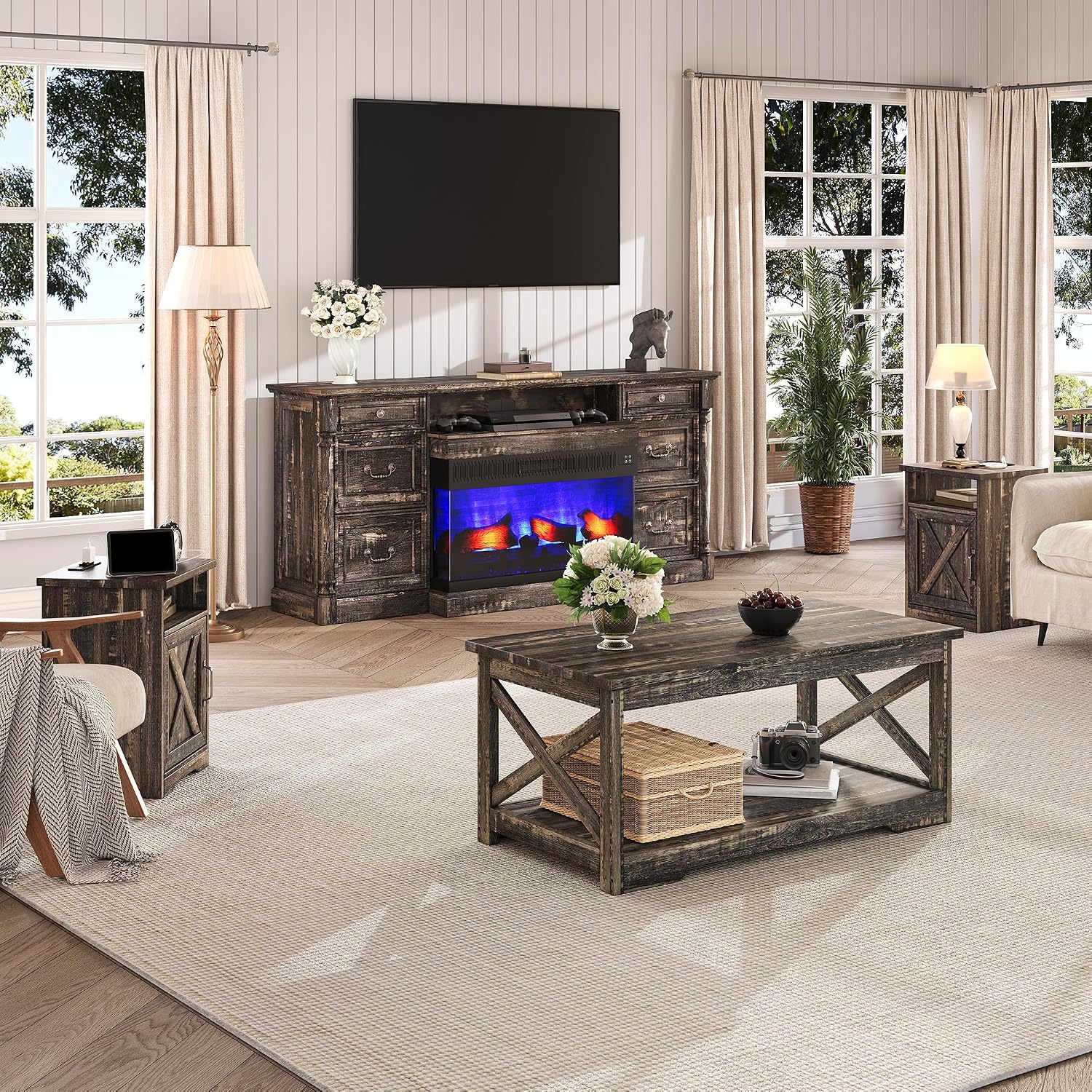 LUXOAK 3-Piece Farmhouse Living Room Table Sets, Includes 1 x Coffee Table, 2 x End Tables with Charging Station & USB Ports, Rustic Coffee Table Set of 3, Black Oak