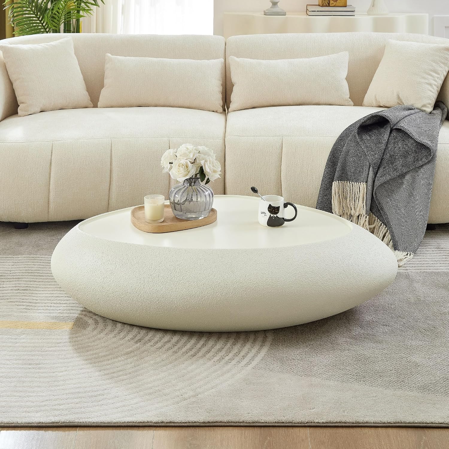 WILLIAMSPACE 47.24' Oval Coffee Table with Grainy Matte Rocks Pattern, Modern Faux Stone Irregular Center Table, Drum Fiberglass Coffee Table Accent Side Table End Table for Living Room (White)