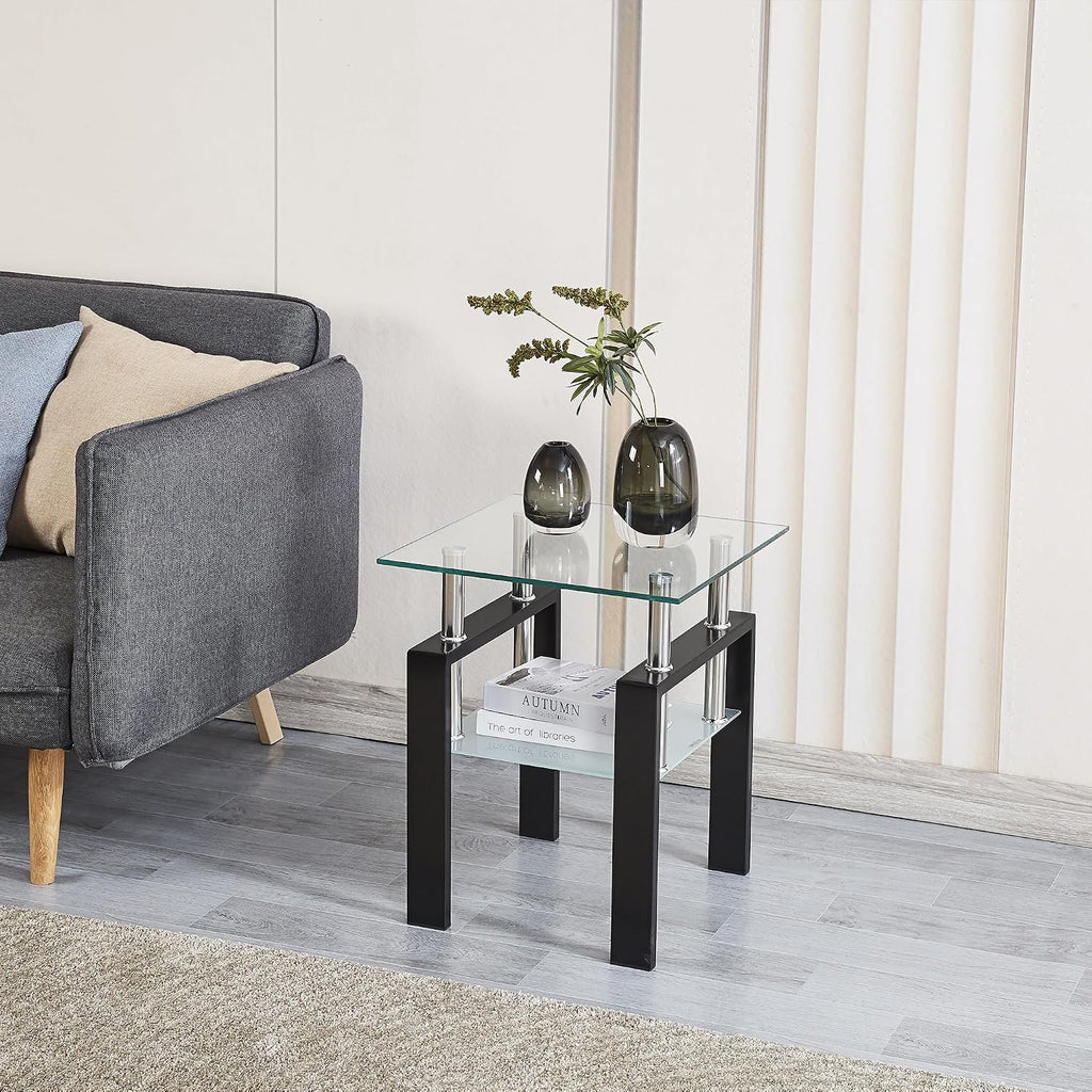 Glass Coffee Table Set of 3, Modern Clear Coffee and End Tables Set with Black Metal Legs, Small Waterfall Glass Coffee Table Set for Living Room, 3 PCS