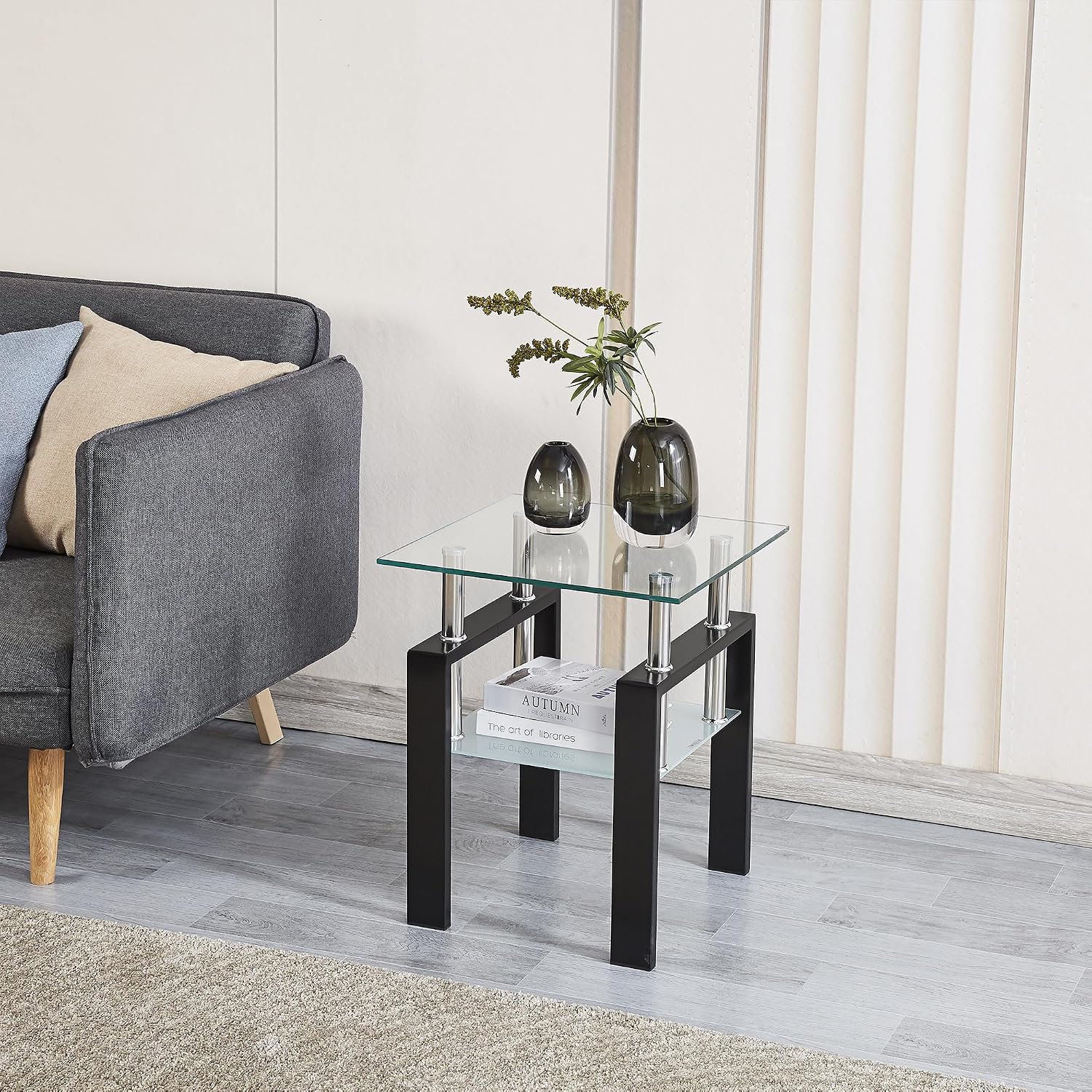 Glass Coffee Table Set of 3, Modern Clear Coffee and End Tables Set with Black Metal Legs, Small Waterfall Glass Coffee Table Set for Living Room, 3 PCS