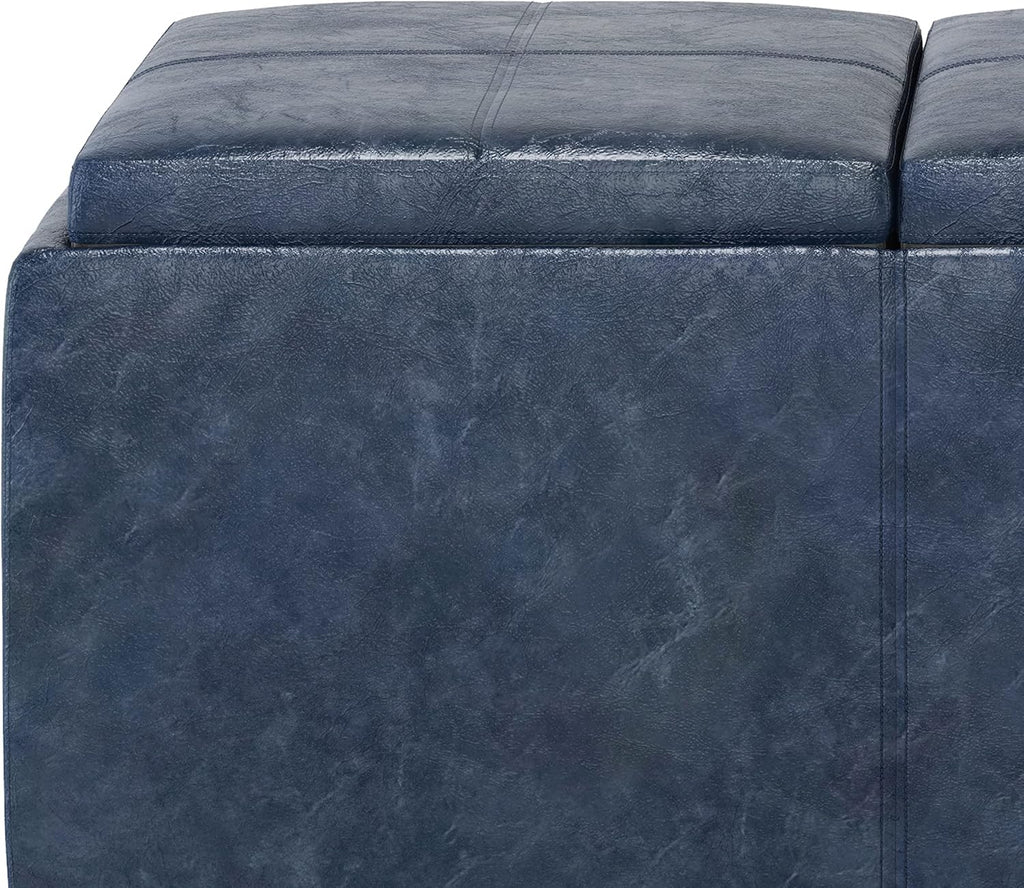 SIMPLIHOME Avalon Storage Ottoman - 42 inch Wide Upholstered Vegan Leather Rectangular Flip-Top Ottoman in Denim Blue, Contemporary Coffee Table Ottoman for Living Room with Hidden Storage