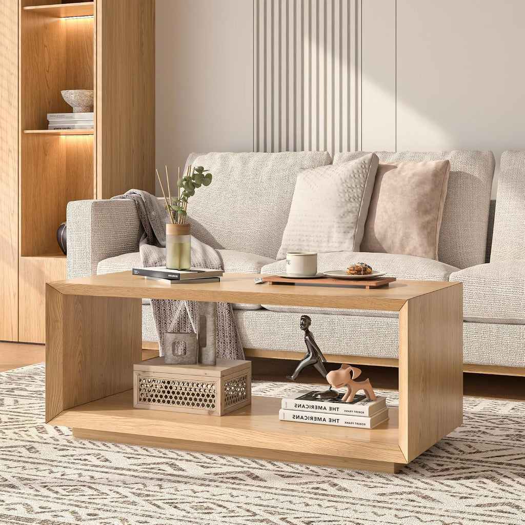 Coffee Table with Storage, Mid Century Modern, Rectangle Cocktail Tea Table, Farmhouse Wood Coffee Table for Living Room, Home Office (Natural Oak)