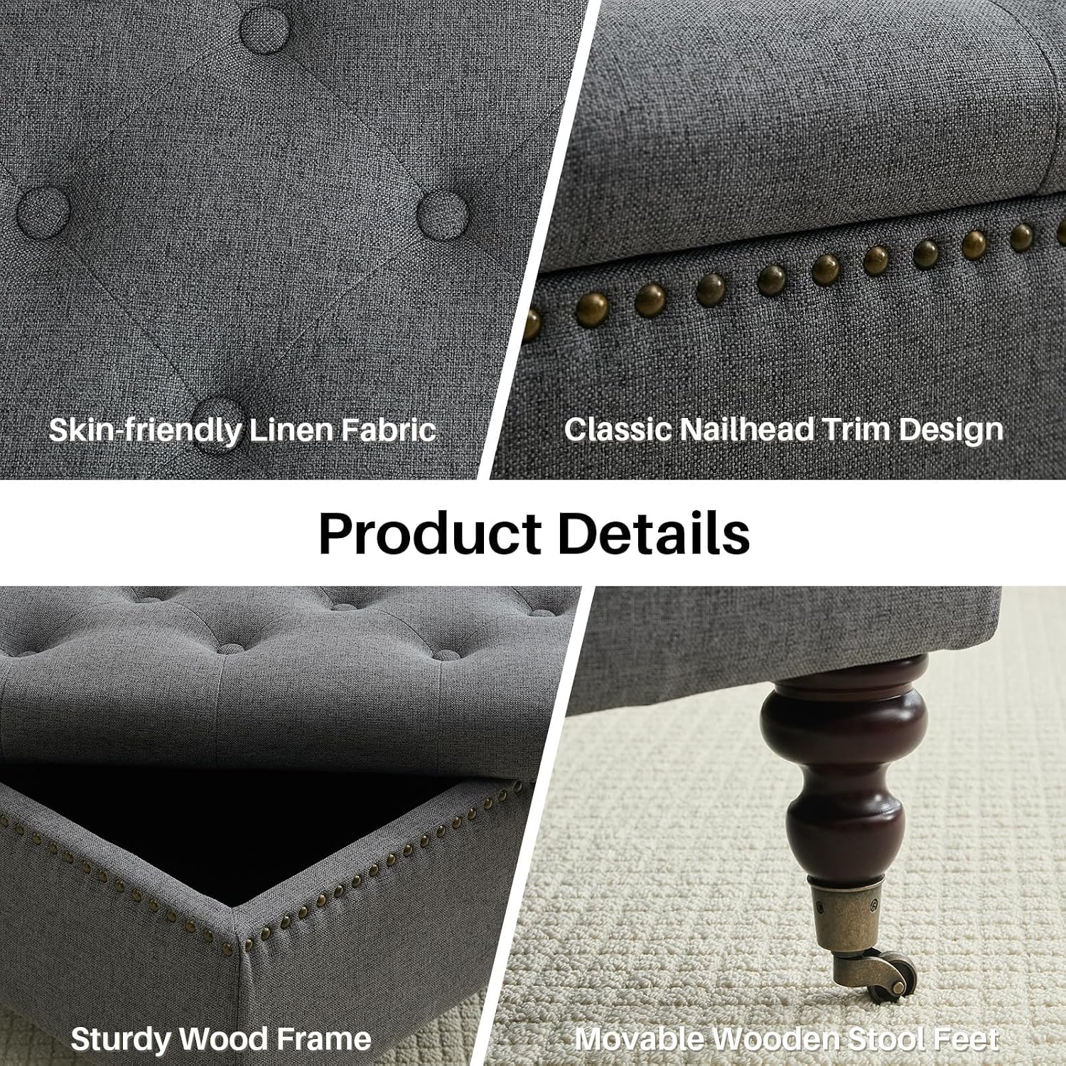 4-in-1 Square Storage Ottoman Bench with Rolling Wheels,Large Ottoman with Storage,Upholstered Coffee Table for Living Room/Bedroom,Dark Gray
