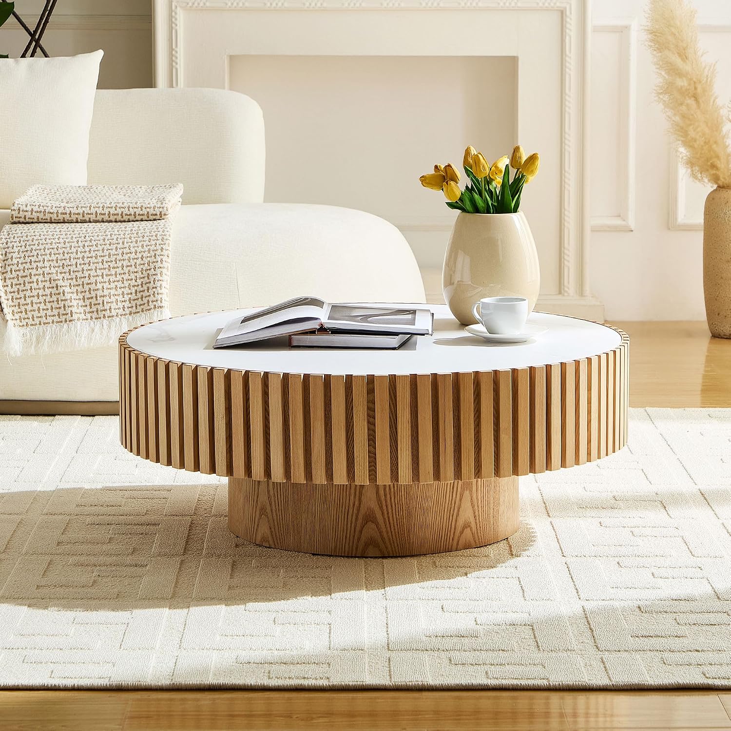 SOFTSEA Wood Coffee Table, 35.43' Round Center Table with Sintered Stone Tabletop for Living Room, Apartment, Ash