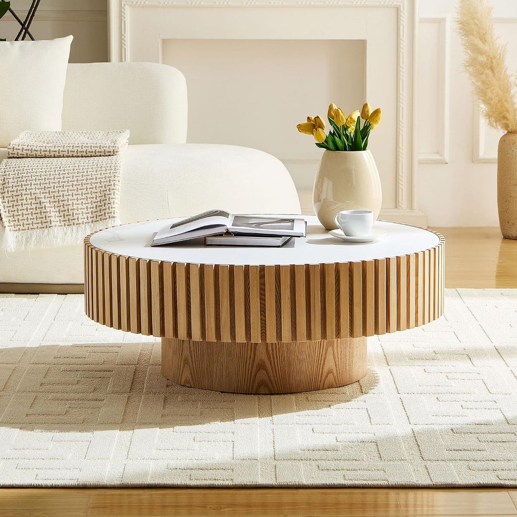 35.43'' Sintered Stone Round Coffee Table Modern Wood Coffee Table for Living Room, Contemporary Circle Fluted Drum Pedestal Stylee, Easy Assembly, Oak