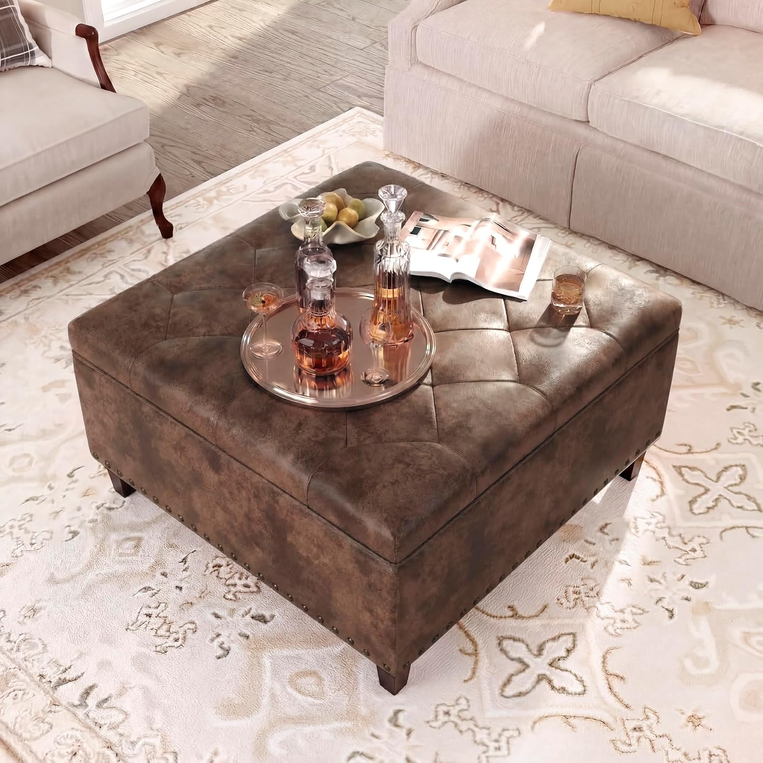 Homebeez Faux Leather Storage Ottoman Bench, Square Coffee Table Footstool Footrest with Wood Legs for Living Room (Distressed Brown)