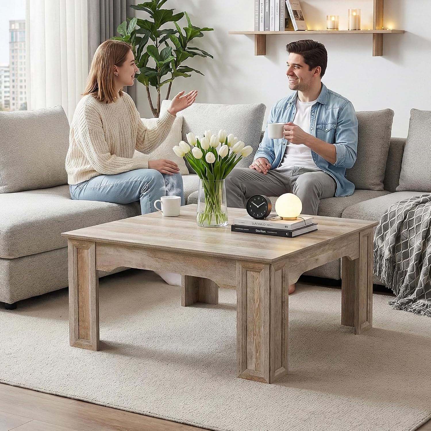 Square Coffee Table for Living Room, 39.4'' Farmhouse Wood Grain Finish Coffee Table with Carved Legs, Rustic Simple Style Center Table, Easy Assembly, Grey Wood