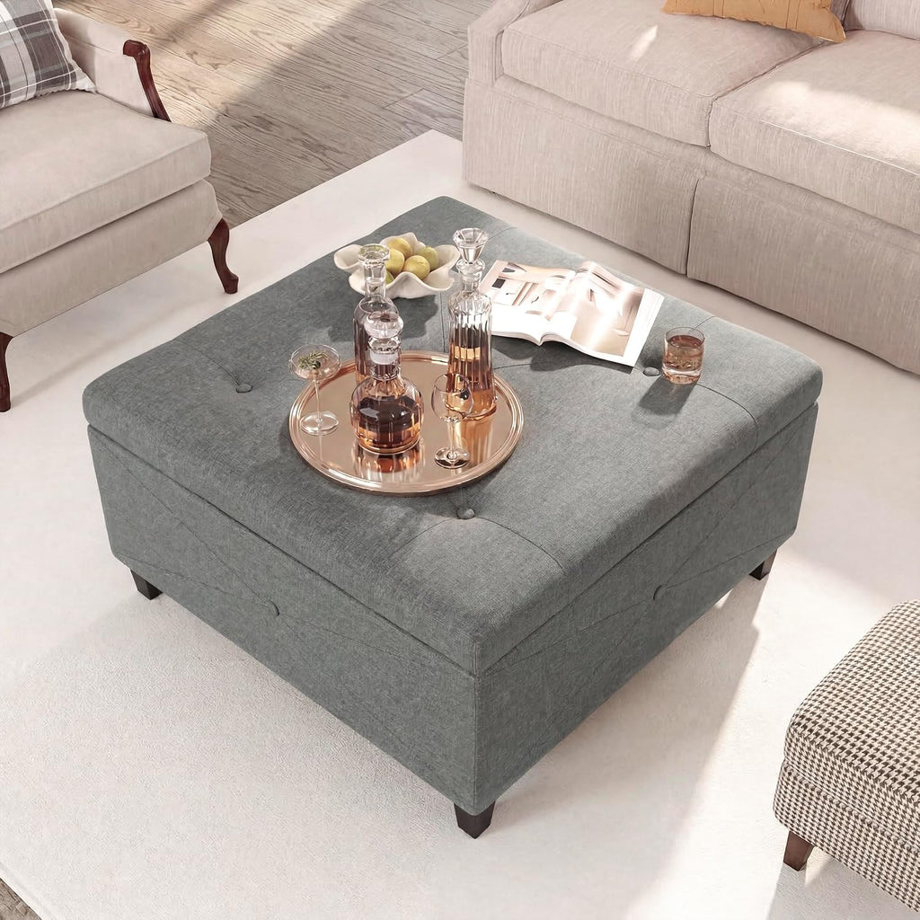 Homebeez 28.5' Tufted Storage Ottoman Bench | Multi-Panel Reinforced Fabric with Safety Pressure Hinges | for Living Room, Bedroom, Entryway | Foot Rest, Linen Ottoman, Cement Grey