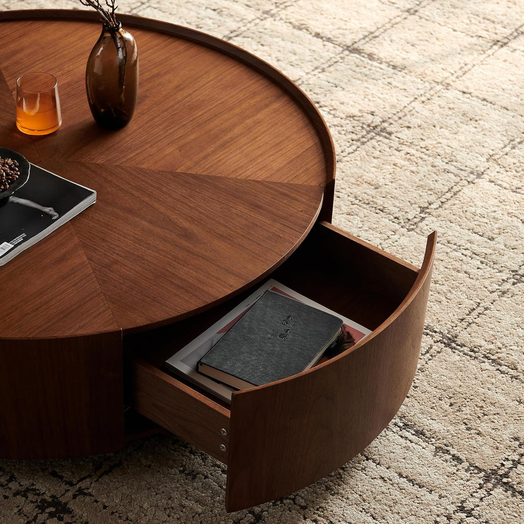 WILLIAMSPACE 39.37' Round Coffee Table with 2 Drawers Storage, Modern Circle Drum Center Table Tea Table for Living Room Apartment, No Need Assembly - Walnut