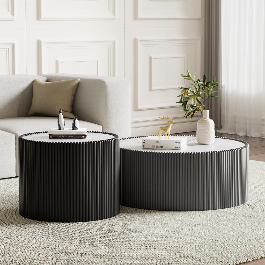 Round Coffee Table Set with Sintered Stone Tabletop, 29.52' Grey Drum Center Table and 17.71' Black Coffee Table Set, 2 Pieces Living Room Table Set with Fluted PU Leather Cover& Stable Base