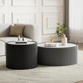 Round Coffee Table Set with Sintered Stone Tabletop, 29.52' Grey Drum Center Table and 17.71' Black Coffee Table Set, 2 Pieces Living Room Table Set with Fluted PU Leather Cover& Stable Base