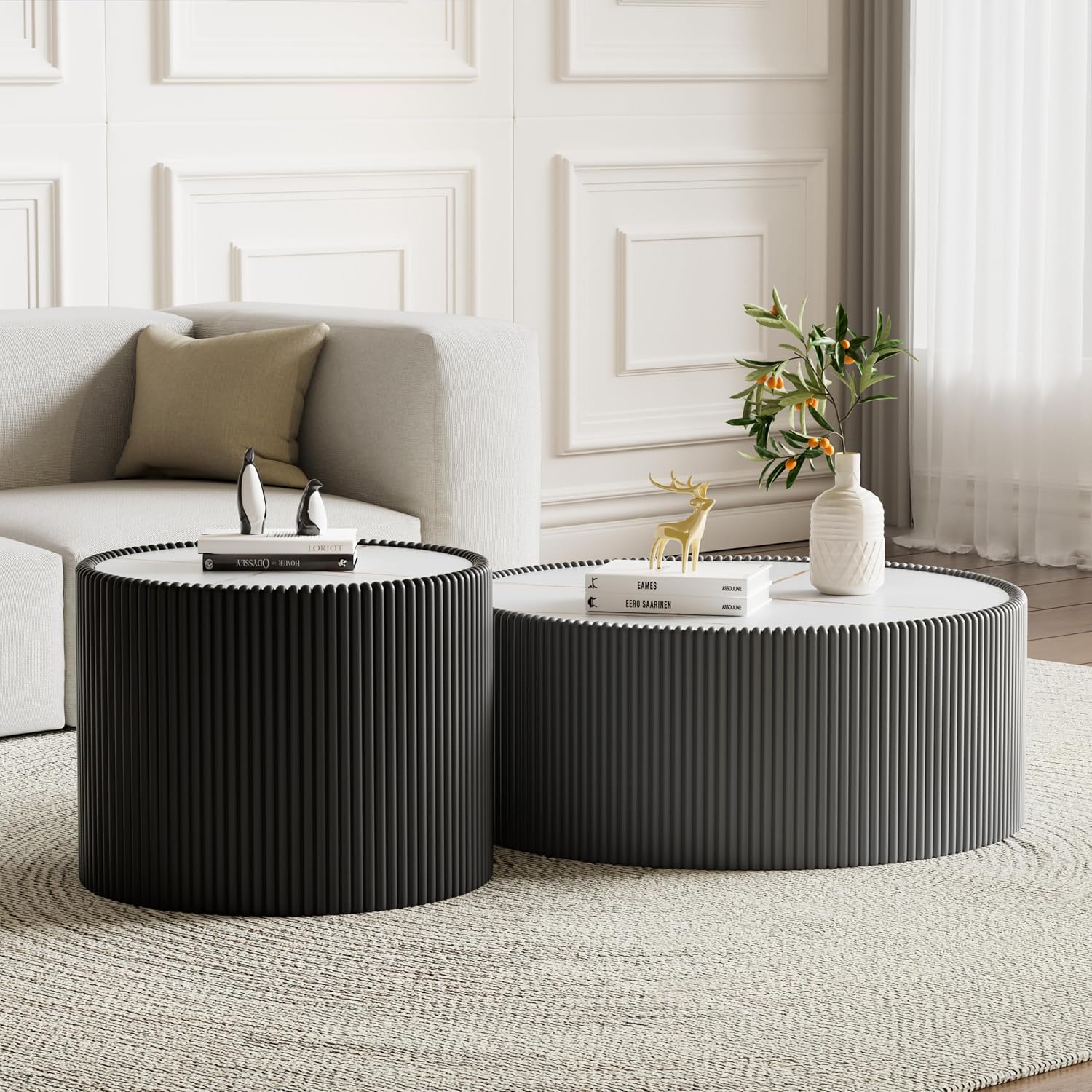 Round Coffee Table Set with Sintered Stone Tabletop, 29.52' Grey Drum Center Table and 17.71' Black Coffee Table Set, 2 Pieces Living Room Table Set with Fluted PU Leather Cover& Stable Base
