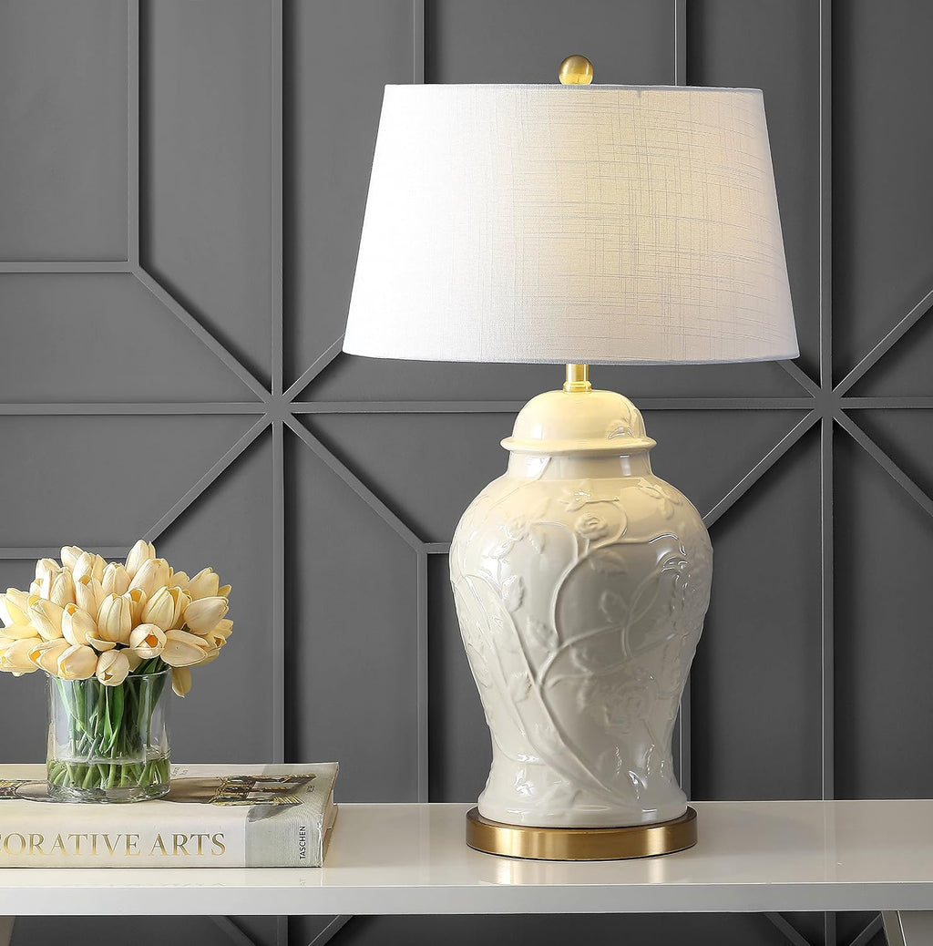 JONATHAN Y 29.5' Cream Ceramic Chinoiserie Table Lamp, Traditional Ginger Jar Lamp for Living Room Bedroom, White Linen Empire Shade, Brass Gold Base, LED Bulb Included JYL6604A