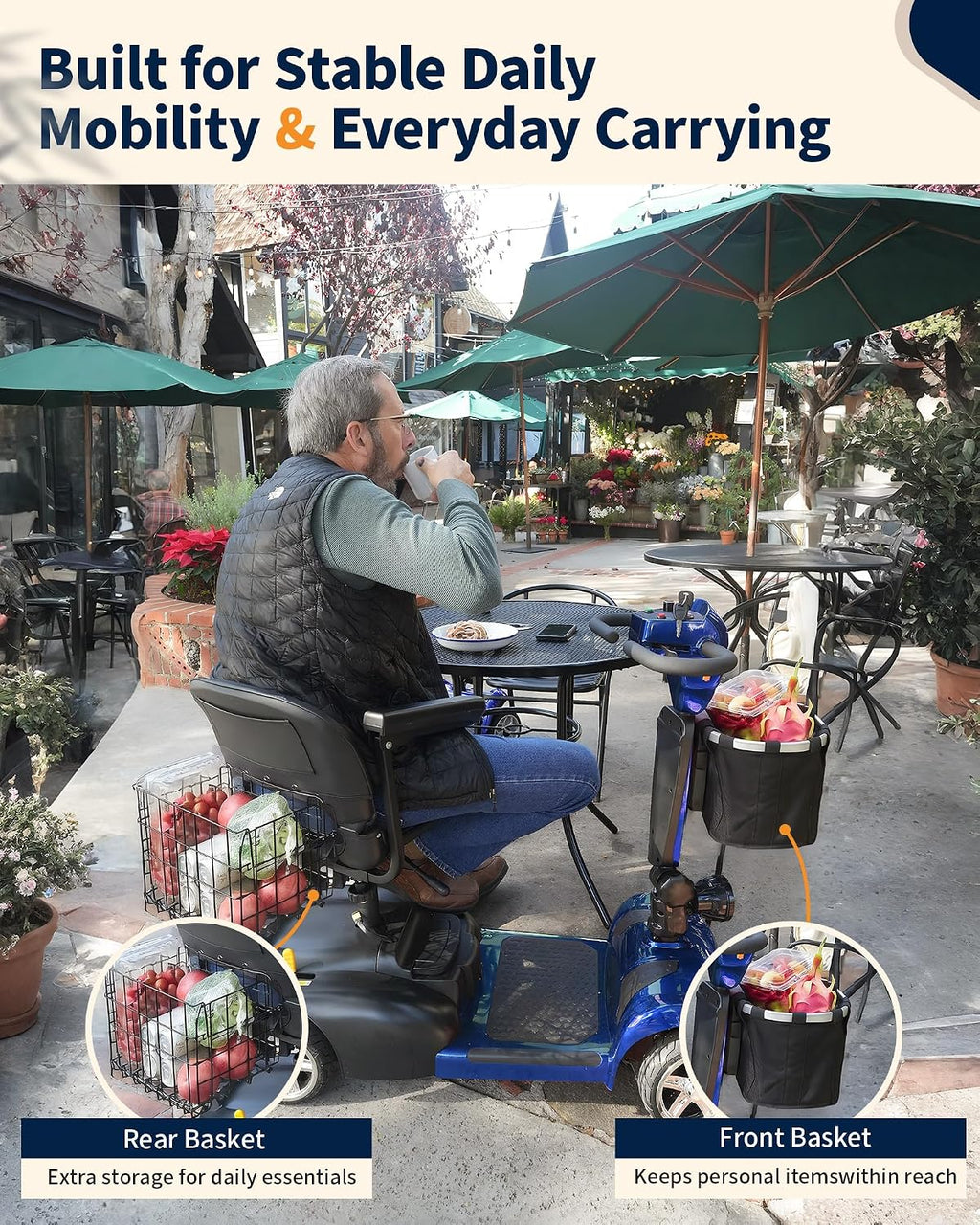 Ecomobi 20-45 Miles Mobility Scooter for Seniors & Adults, 4 Wheel Motorized Mobility Scooter for Travel, Removable Lithium Battery, 350W Motor, Dual Baskets, 300 lb Capacity, GPS Tracker,Blue,18ah