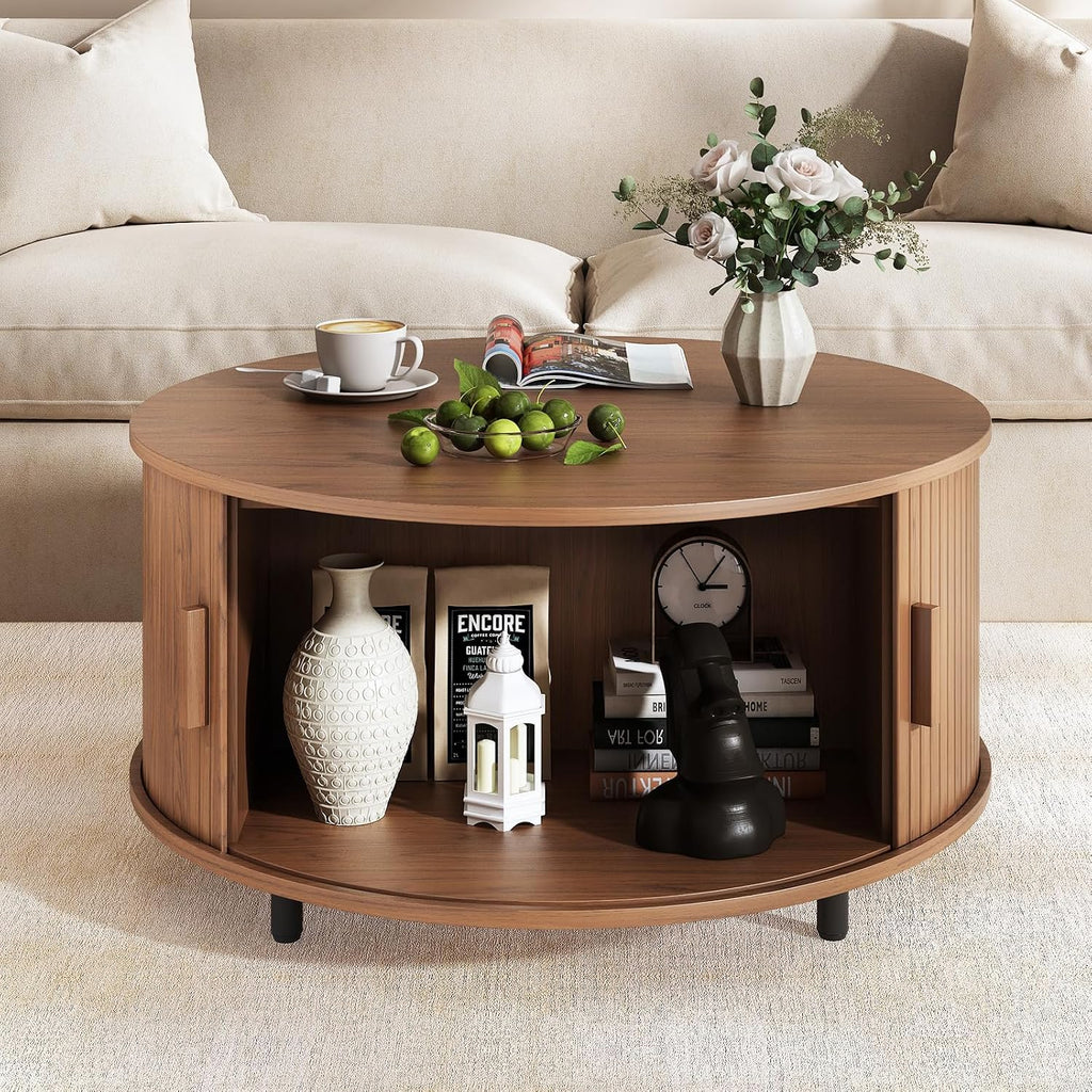 31.5 Inch Round Coffee Table, Fluted Coffee Tables with Storage, Mid-Century Modern Center Tables, Living Room Table with Sliding Door and Wood Handle for Living Room, Walnut