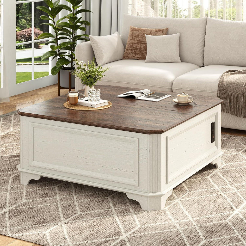St.Mandyu 40 Inch Farmhouse Lift Top Coffee Table with Charging Station & Hidden Storage - Square Center Table with Lifting Top, Large Storage Cabinet for Living Room, Bedroom, Home Office, White