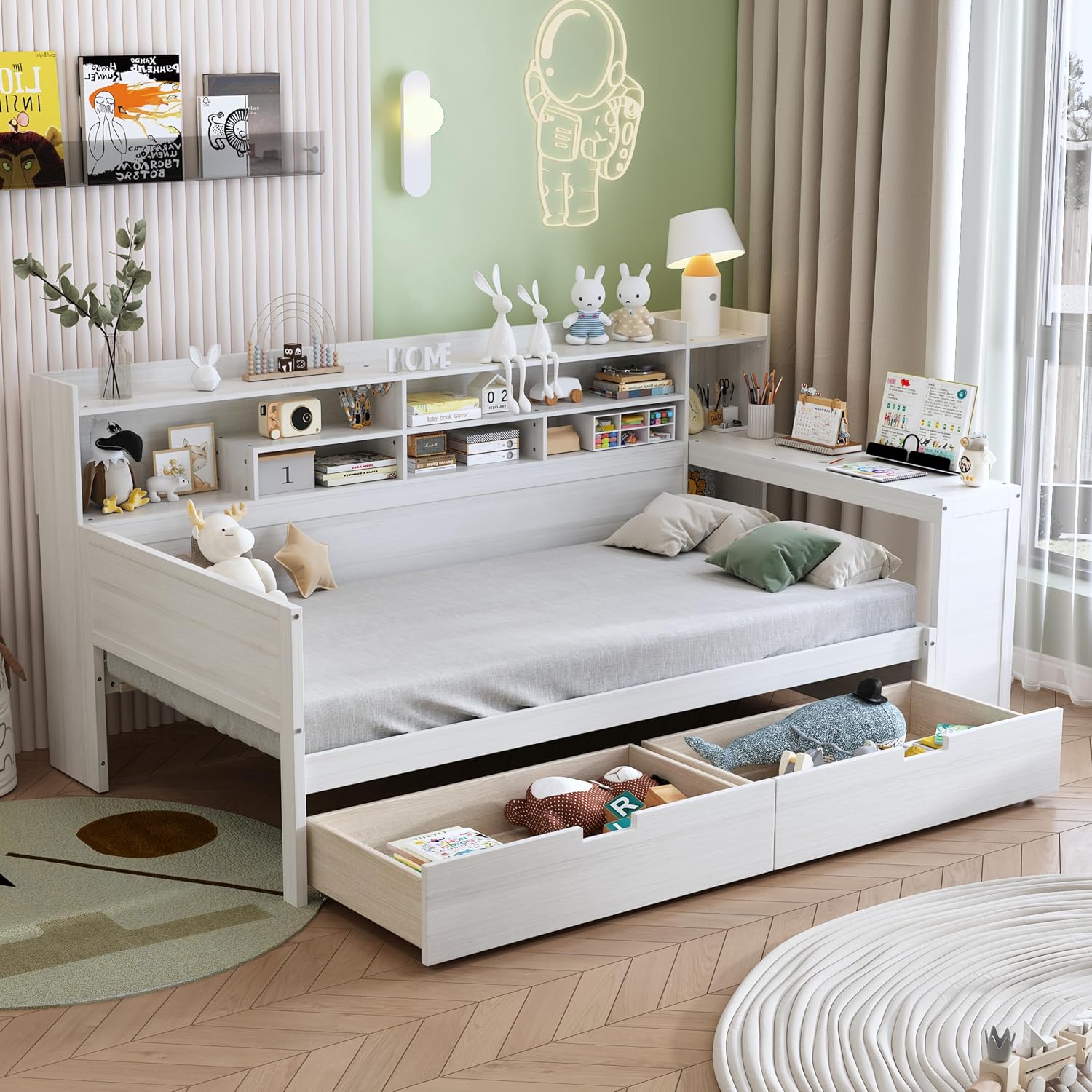 Twin Corner Bed Frame with Storage Shelves, L Shaped Bed with 2 Storage Drawers, Wooden Daybed with Study Desk, Corner Bed Frame Twin for Bedroom, for Kids and Teens, Antique White