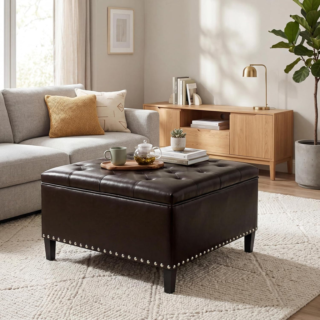 Homebeez Faux Leather Storage Ottoman Bench, Square Coffee Table Footstool Footrest with Wood Legs for Living Room (Brown)