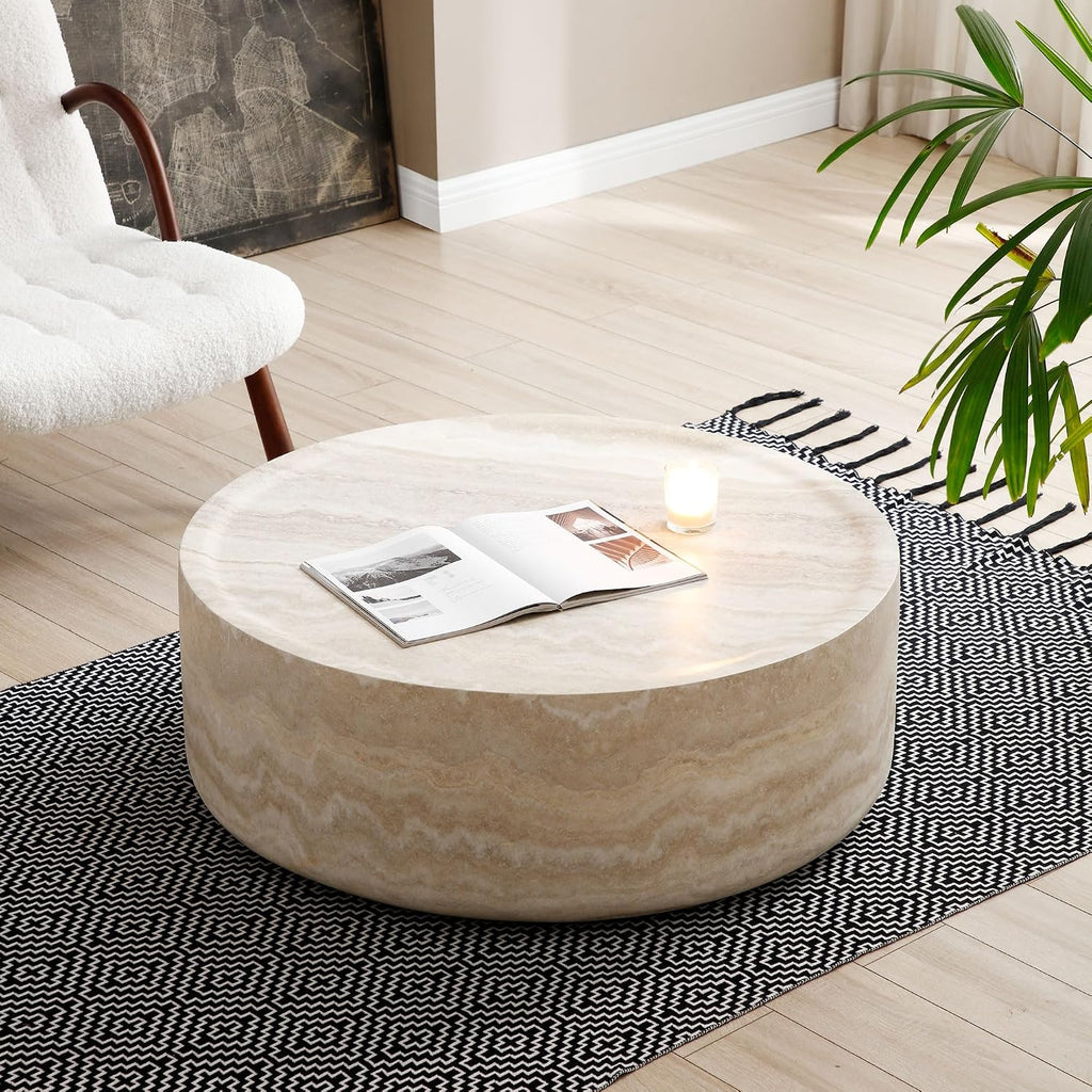 JUSTONE Round Coffee Tables for Living Room, Faux Mars Pattern Modern Minimalist Side Tables Accent End Table End Table for Apartment,Office,Ø35.43'' x 12' H,Marble