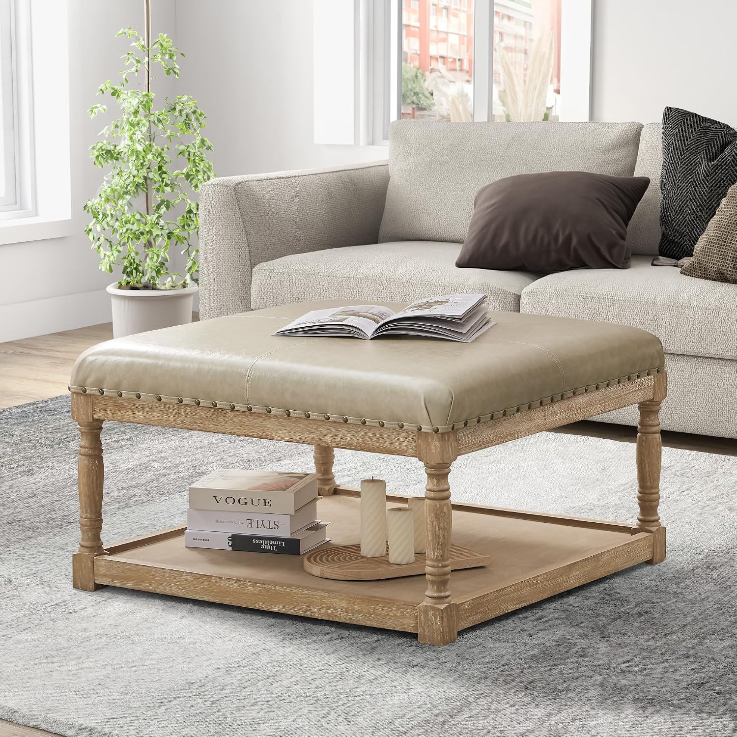 HUIMO 33-Inch Leather Ottoman Coffee Table, Square Ottoman with Shelf & Solid Wood Frame for Living Room (Khaki)