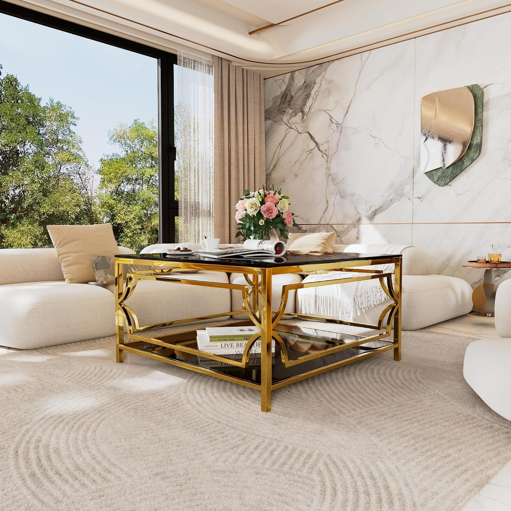 Flieks Square Glass Coffee Table in 33.5',Luxurious Geometric Metal Frame,Gold Finish & Lower Shelf