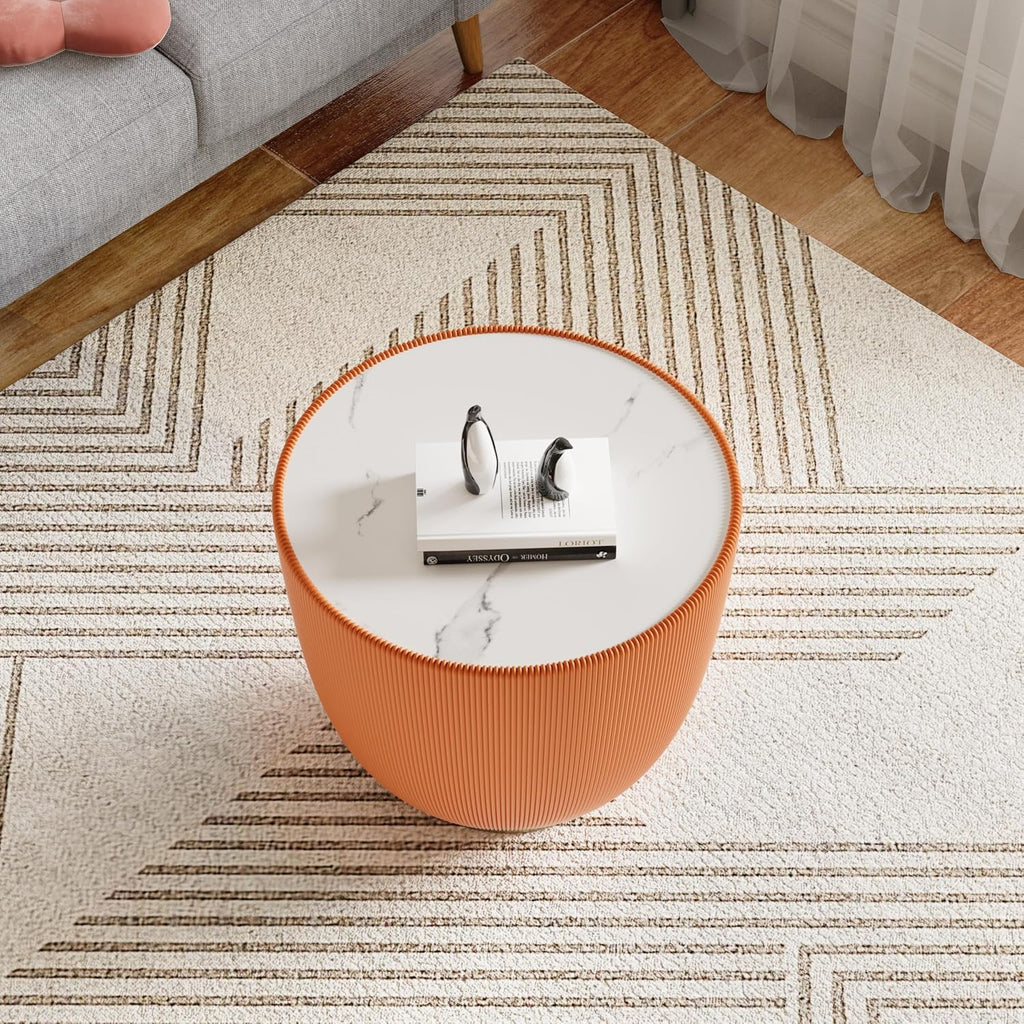 Orange Round Coffee Table with Sintered Stone Tabletop, 19.69 Drum Coffee Table with Fluted PU Leather Covered and Metal Base, Circle Cocktail Tea Table for Living Room