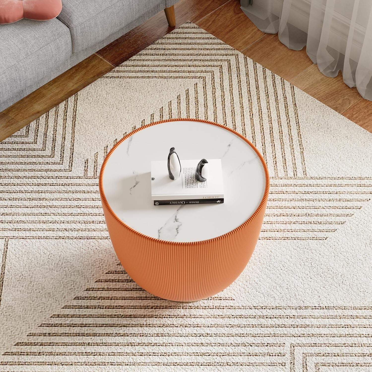 Orange Round Coffee Table with Sintered Stone Tabletop, 19.69 Drum Coffee Table with Fluted PU Leather Covered and Metal Base, Circle Cocktail Tea Table for Living Room