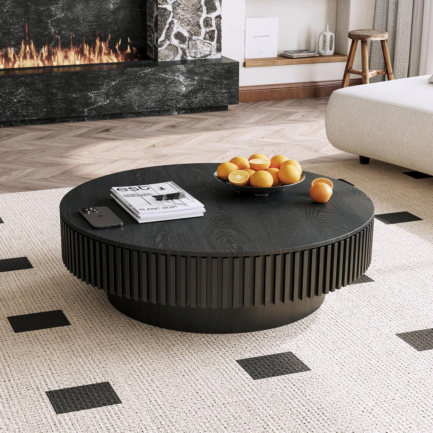 Round Coffee Table with Storage, Mid-Century Modern Solid Wood Center Table for Living Room, Large Circle Wooden Accent Table (39.37''L × 39.37''W × 13.78''H, Black)