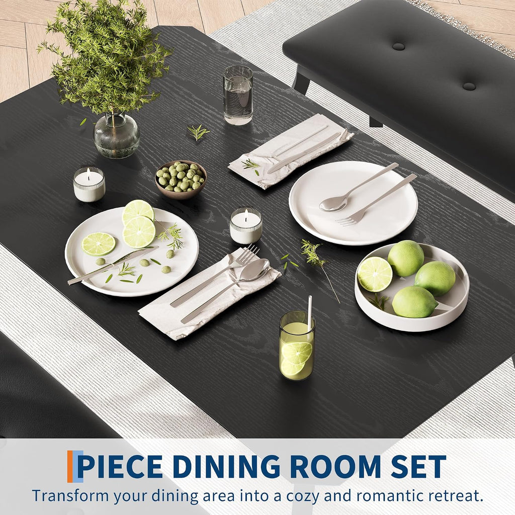 Dining Table for 4, 3-Piece Kitchen Table Set for 4 with Wooden Tabletop and Metal Frame, Industrial Kitchen Table with 2 PU Leather Benches for Bar, Dining Room, Restaurant(43''x28''x30''), Black