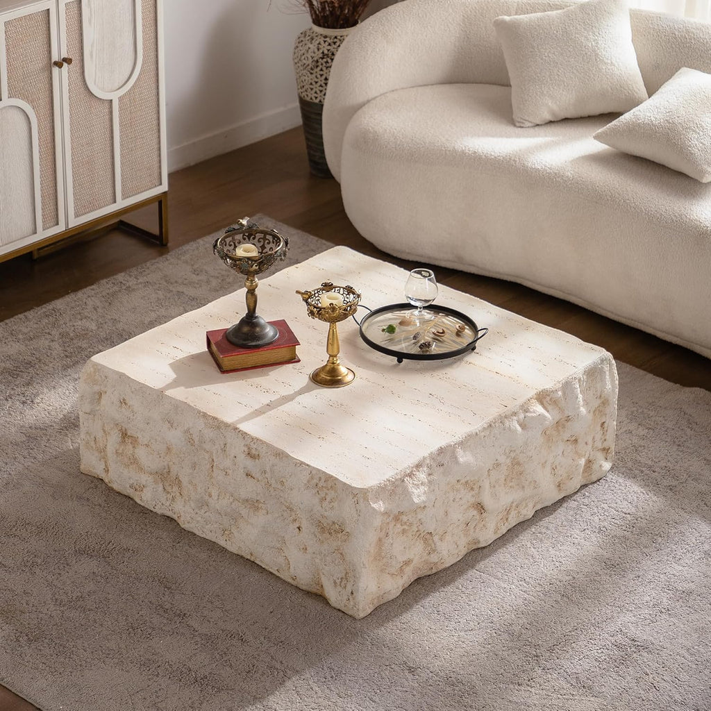 WILLIAMSPACE 35.43' Square Coffee Table Magnesium Oxide Centre Table, Mid-Century Modern Faux Stone Tea Table for Living Room Apartment, No Need Assembly - Amber, Beige