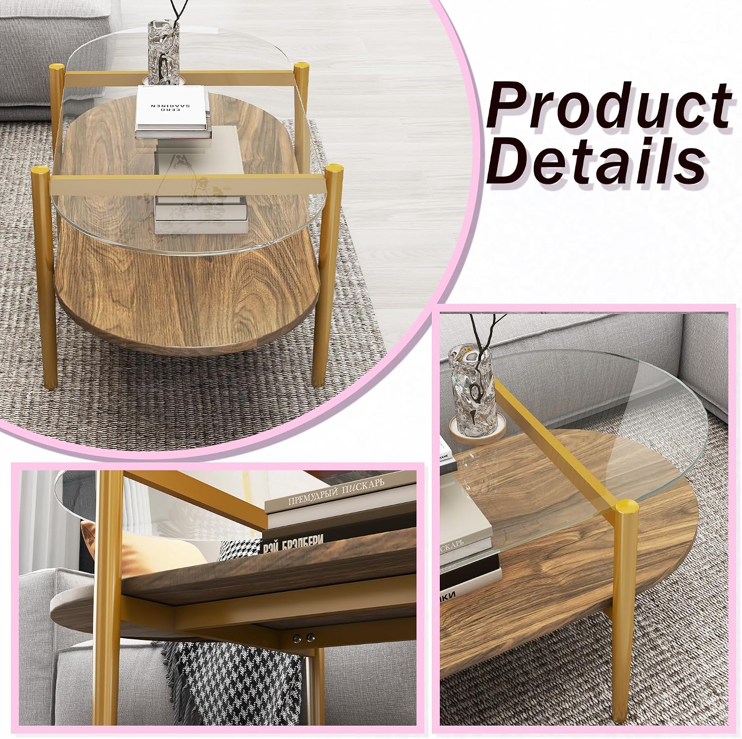 Modern Oval Glass Coffee Tables, 2-Tier Mid Century Modern Center Table, Tempered Glass Tabletop & Golden Metal Frame, Living Room, Office