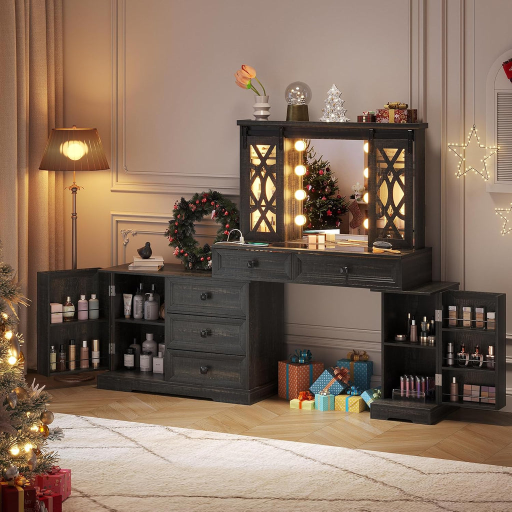 Farmhouse Makeup Vanity with Mirror & Lights, Large Vanity Desk with 5 Drawers & 9 Storage Shelves, Dressing Table with Jewelry Armoire, Vanity Gifts for Wife Girlfriends Women/Lady Girl (Brown)