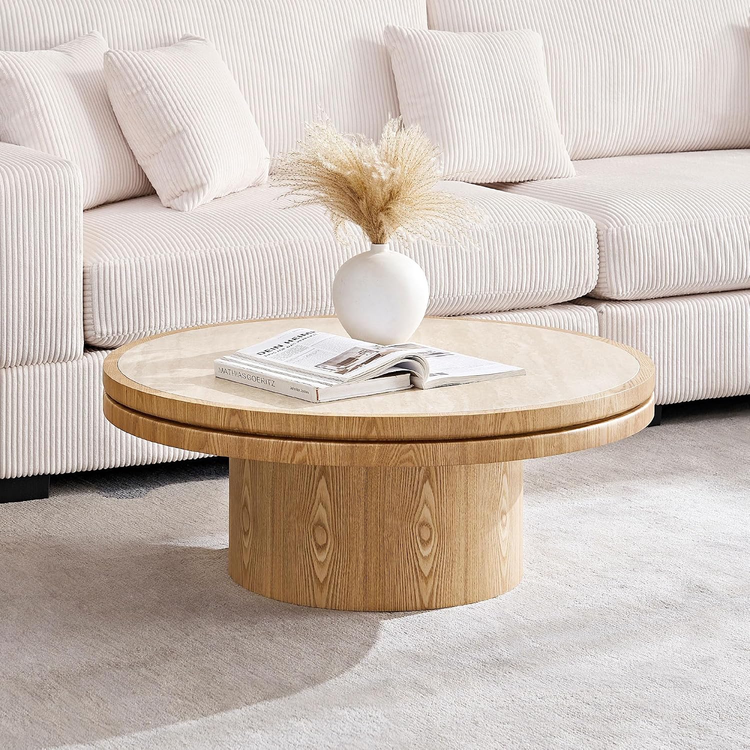 JUSTONE 35.43''Round Fluted Coffee Table,Farmhouse Wood Coffee Table for Living Room Apartment,Easy Assembly,Oak(ø35.43'' x 13.78'')