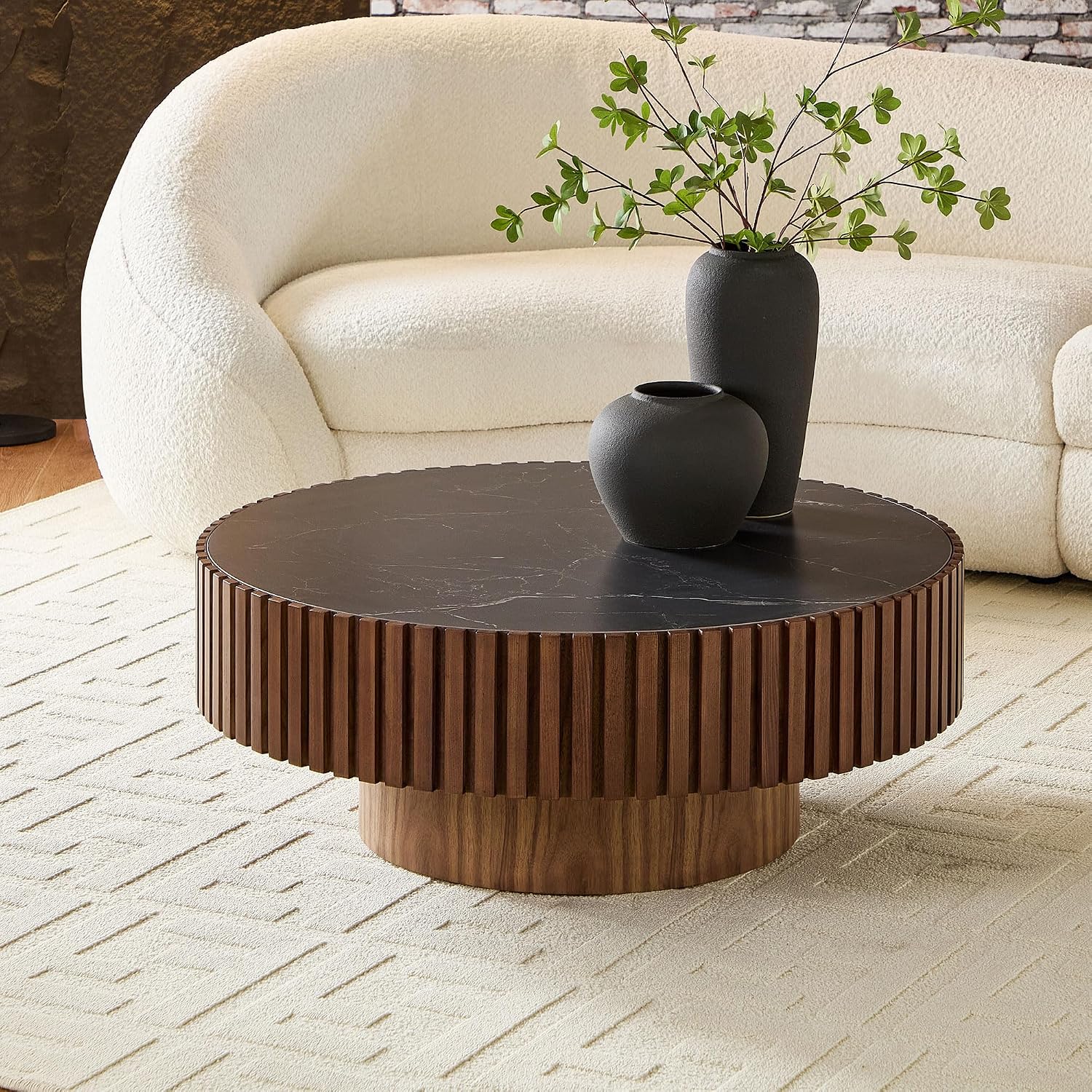 35.43'' Sintered Stone Coffee Table Black Modern Round Coffee Table for Living Room, Contemporary Circle Fluted Drum Pedestal Style, Easy Assembly, Walnut