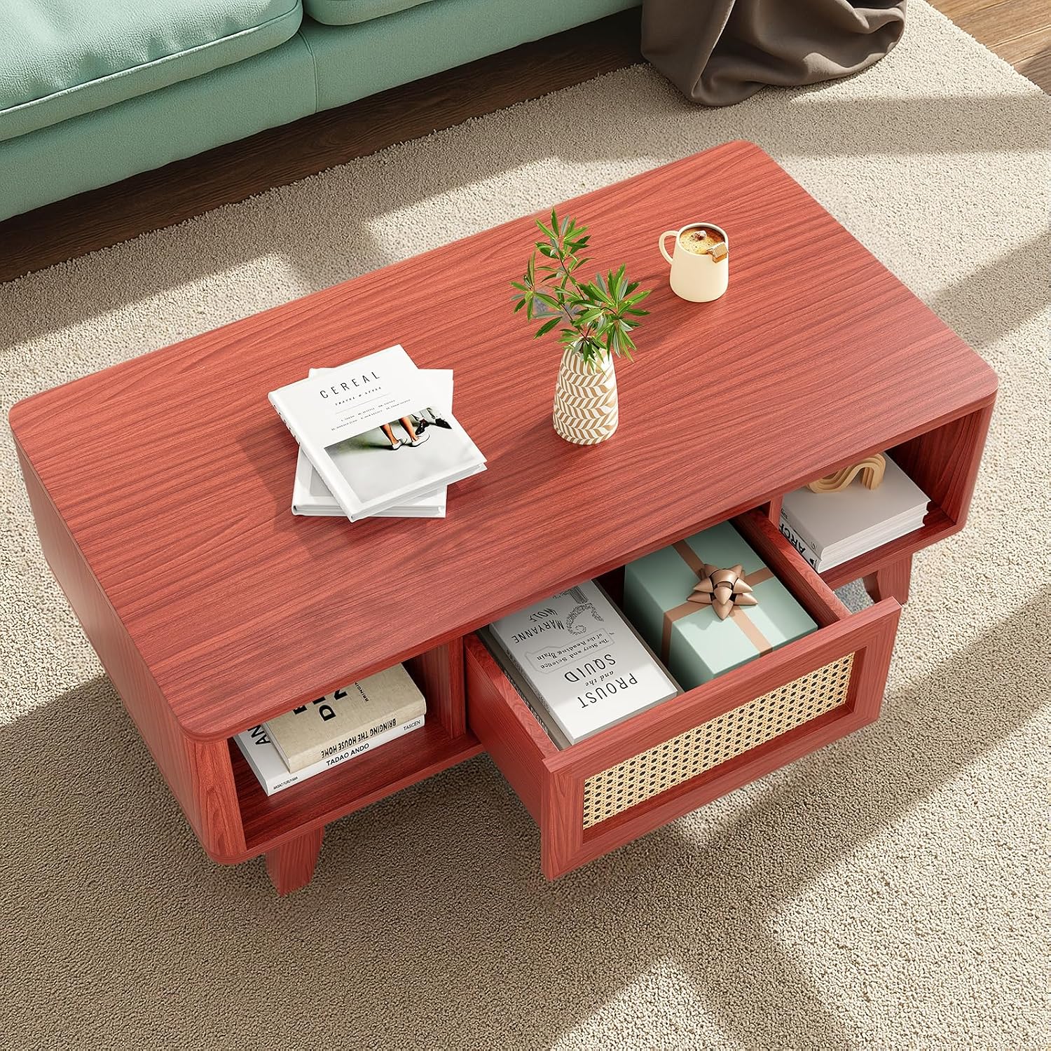 Farini Mid Century Modern Square Coffee Table with Rattan Drawer and Solid Wood Legs, Storage Living Room Table for Home,Office,Cherry