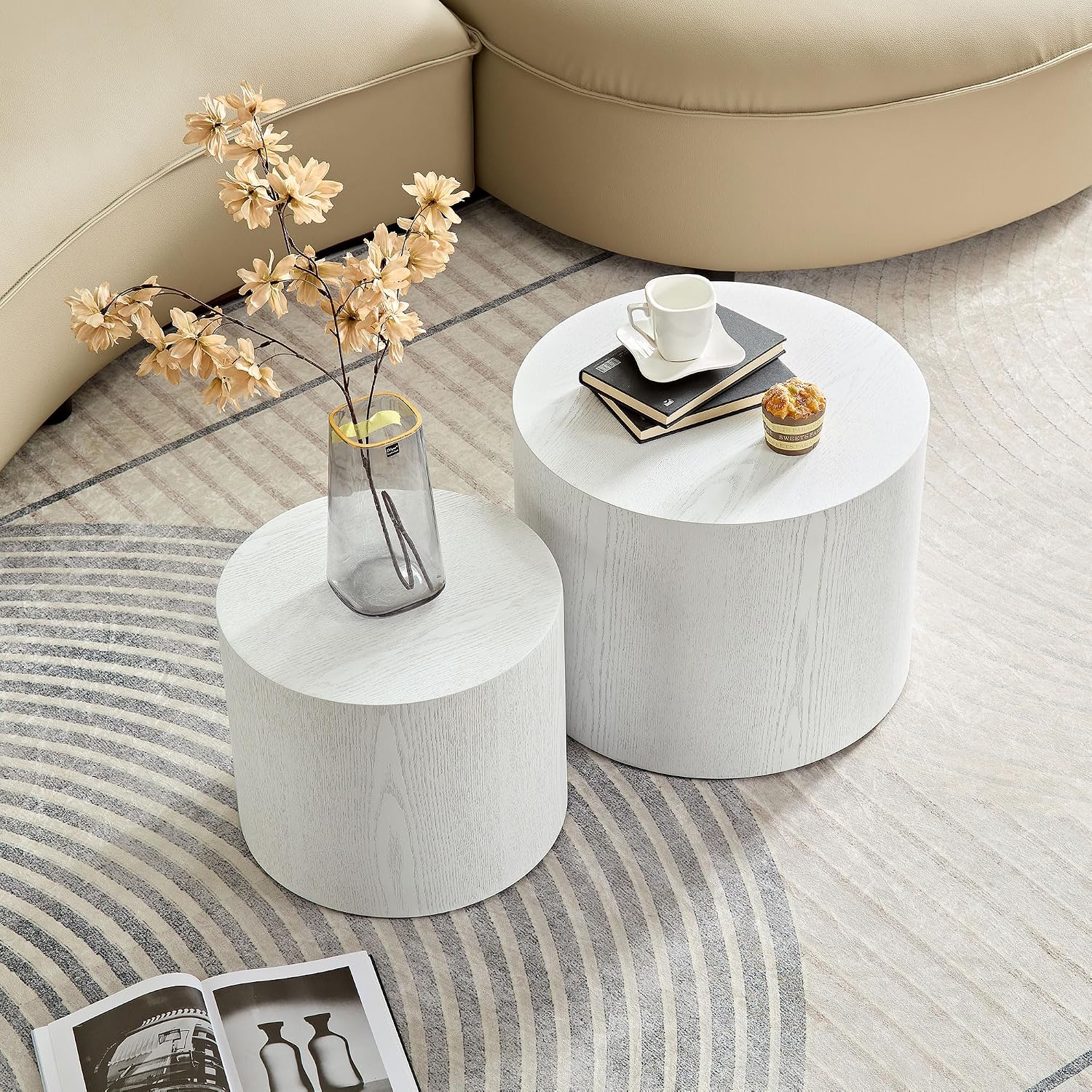 Small Round Nesting Coffee Table Set of 2, Wood Grain Circle Side End Accent Tables for Small Spaces Living Room Bedroom Balcony Office, White