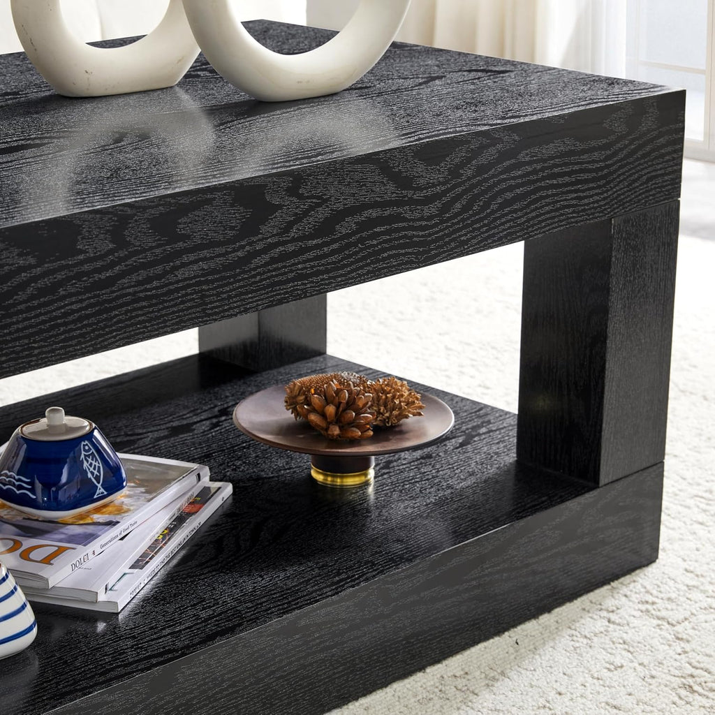 LKTART 39.37' Coffee Table with Storage, 2-Tier Mid Century Rectangular Accent Table with Thick Tabletop, Rustic Style Cocktail, Center Table for Living Room, Office, Apartment (Black)