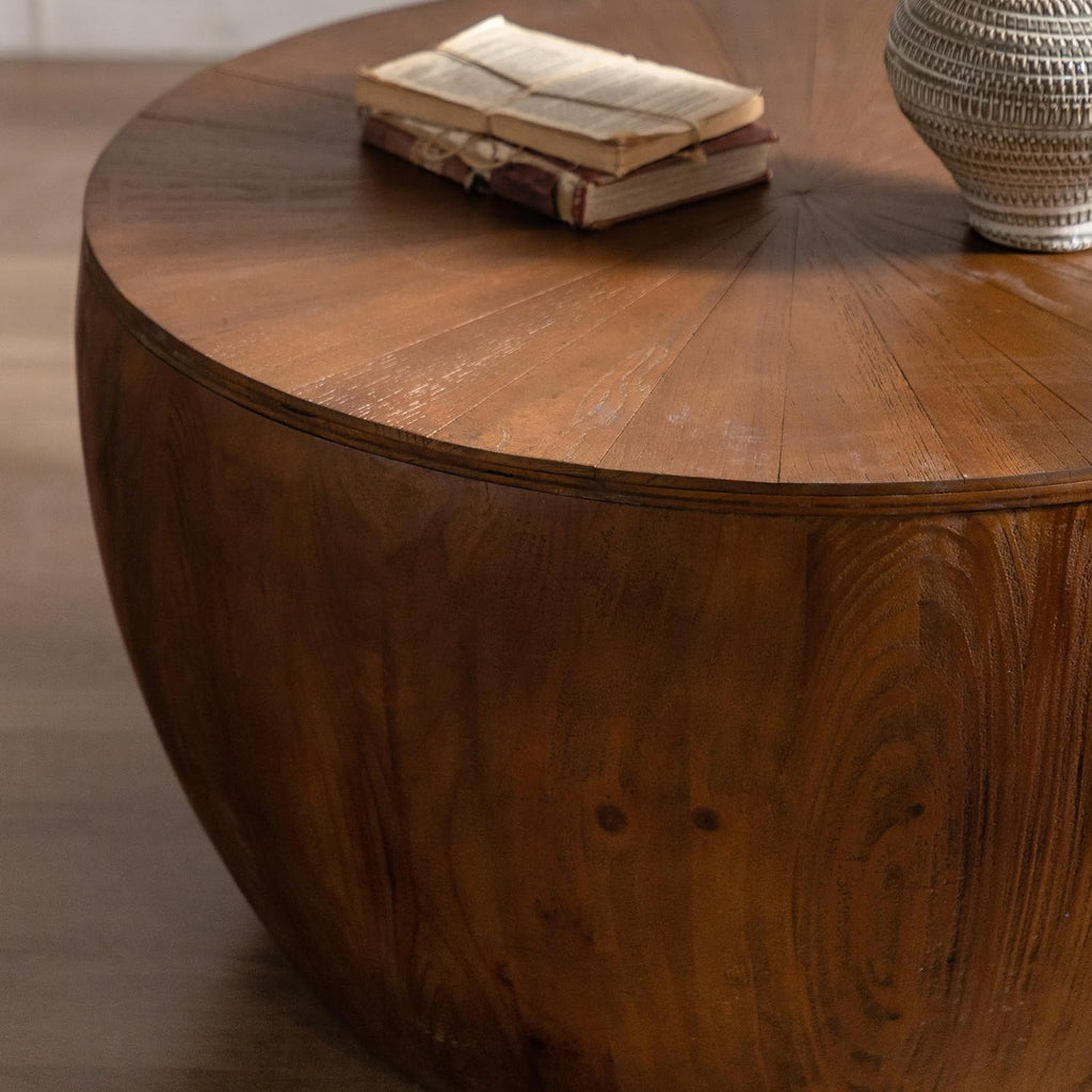 31.5' Retro Style Bucket Shaped Coffee Table with Storage, Drum Center Table for Living Room, Apartment, Office, Dining Room, Brown, No Need Assembly