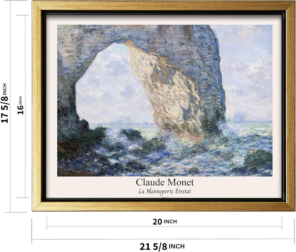 Poster Master Vintage Claude Monet Canvas - Retro La Manneporte Print - Fine Art - Classic Impressionism Painting - Etretat & Rock Formation Art - Bedroom Wall Decor - 16x20 Gold Framed Canvas