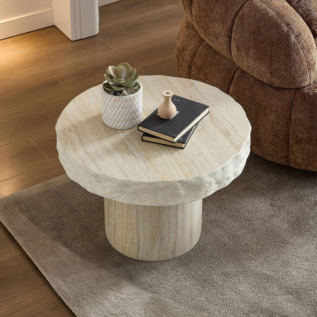 JUSTONE Set of 2 Faux Mars Textural Round Coffee Table, No Assembly Required, Beige Accent Table for Living Room & Apartment