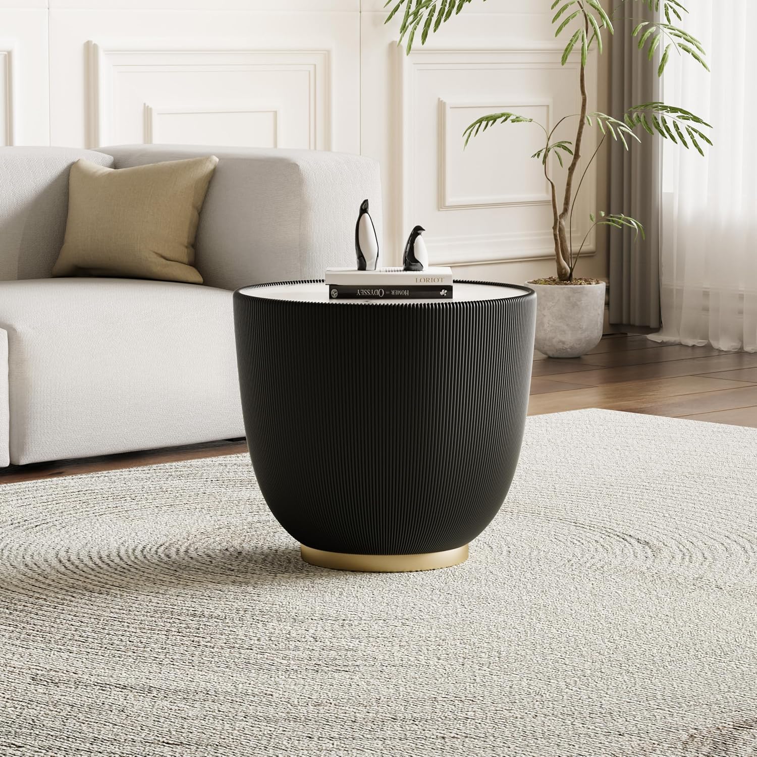 Round Coffee Table Set with Sintered Stone Tabletop, 27.56' White Drum Center Table and 19.69' Black Coffee Table Set, 2 Pieces Living Room Table Set with Fluted PU Leather Cover& Metal Base