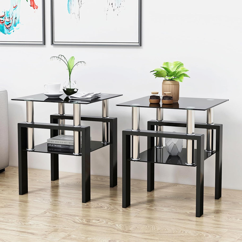 Living Room Tables Set,3 Piece Glass Coffee Table and End Tables Set with Tempered Glass Tabletop and Metal Frame for Living Room,Apartment, Small Space, Full Black